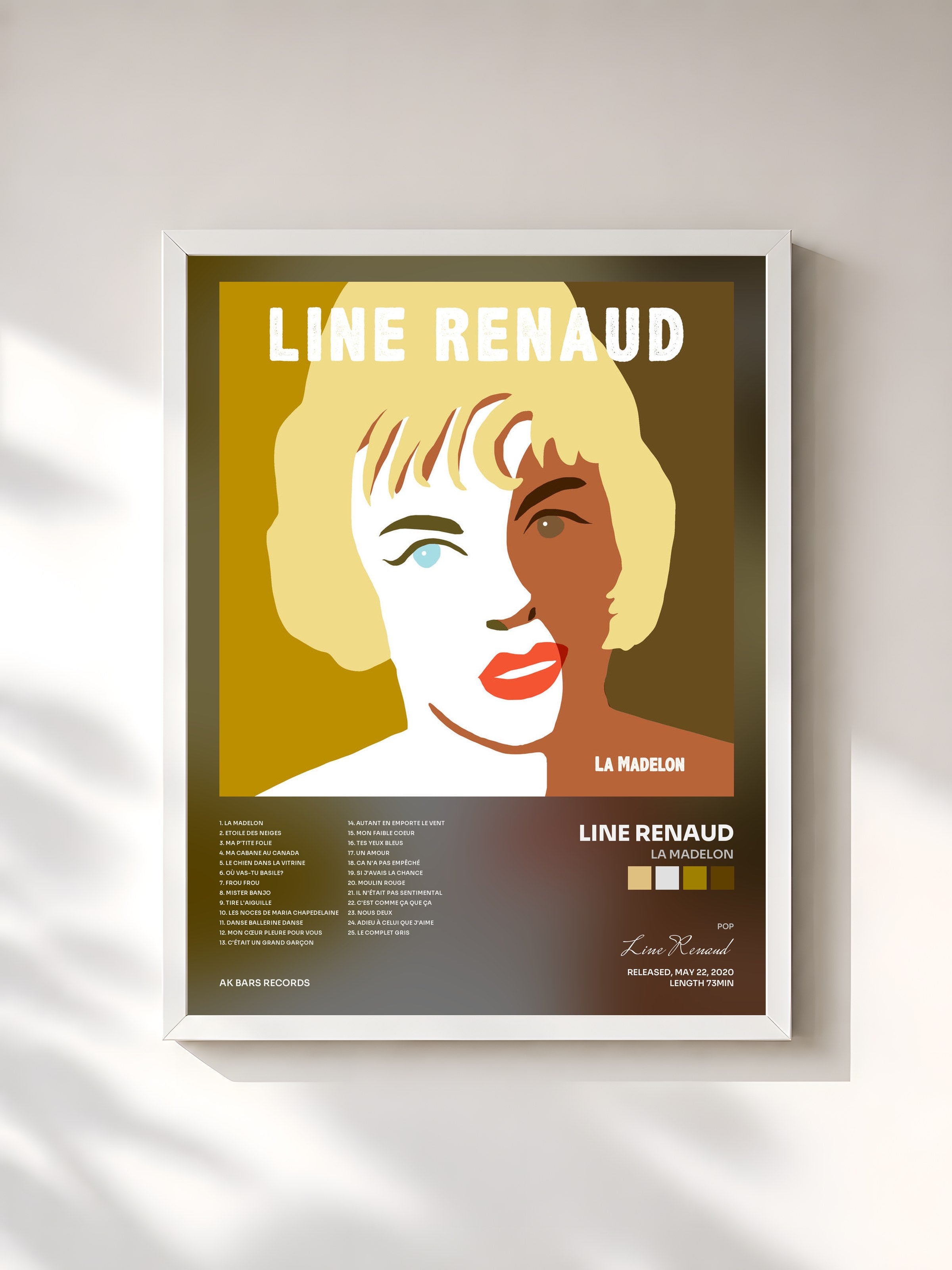 #blanc Tableau de l'album La Madelon de Line Renaud, cadre blanc, imprimé et encadré en France