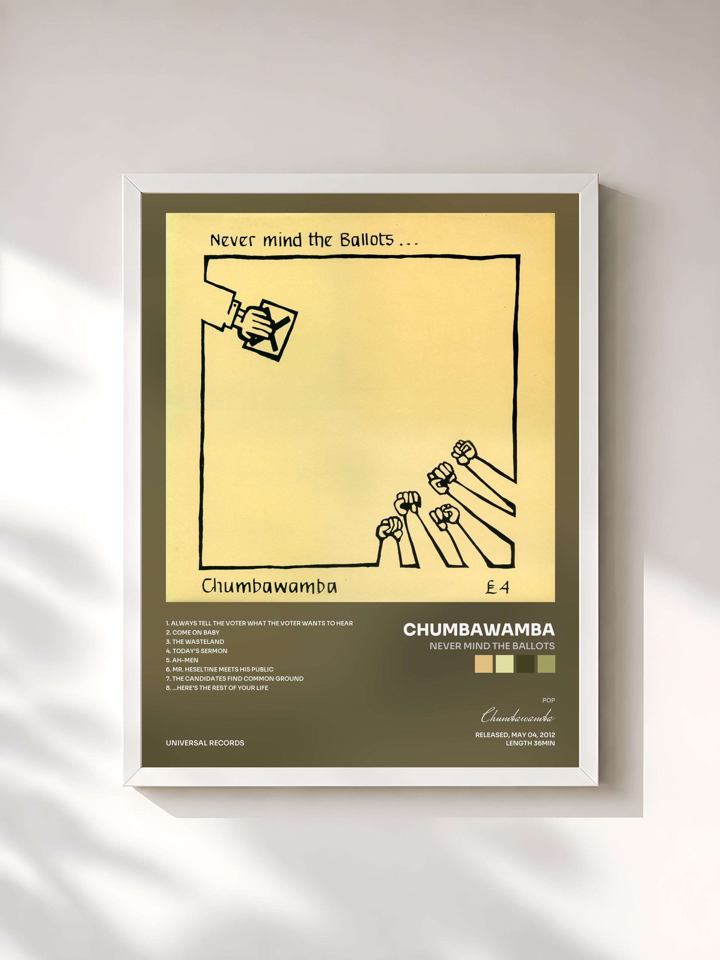 #blanc Tableau de l'album Never Mind The Ballots de Chumbawamba, cadre blanc, imprimé et encadré en France