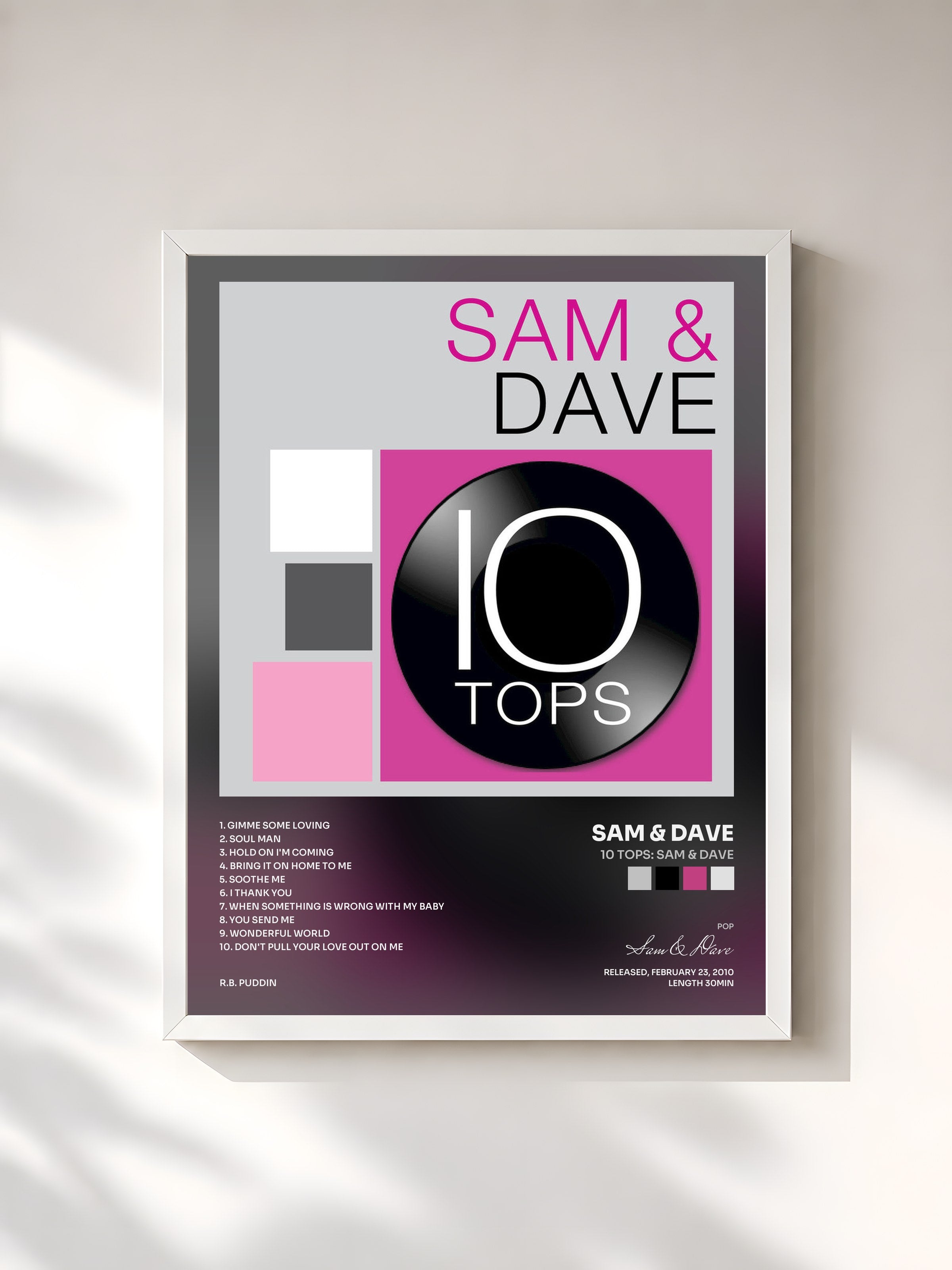 #blanc Tableau de l'album 10 Tops: Sam & Dave de Sam & Dave, cadre blanc, imprimé et encadré en France