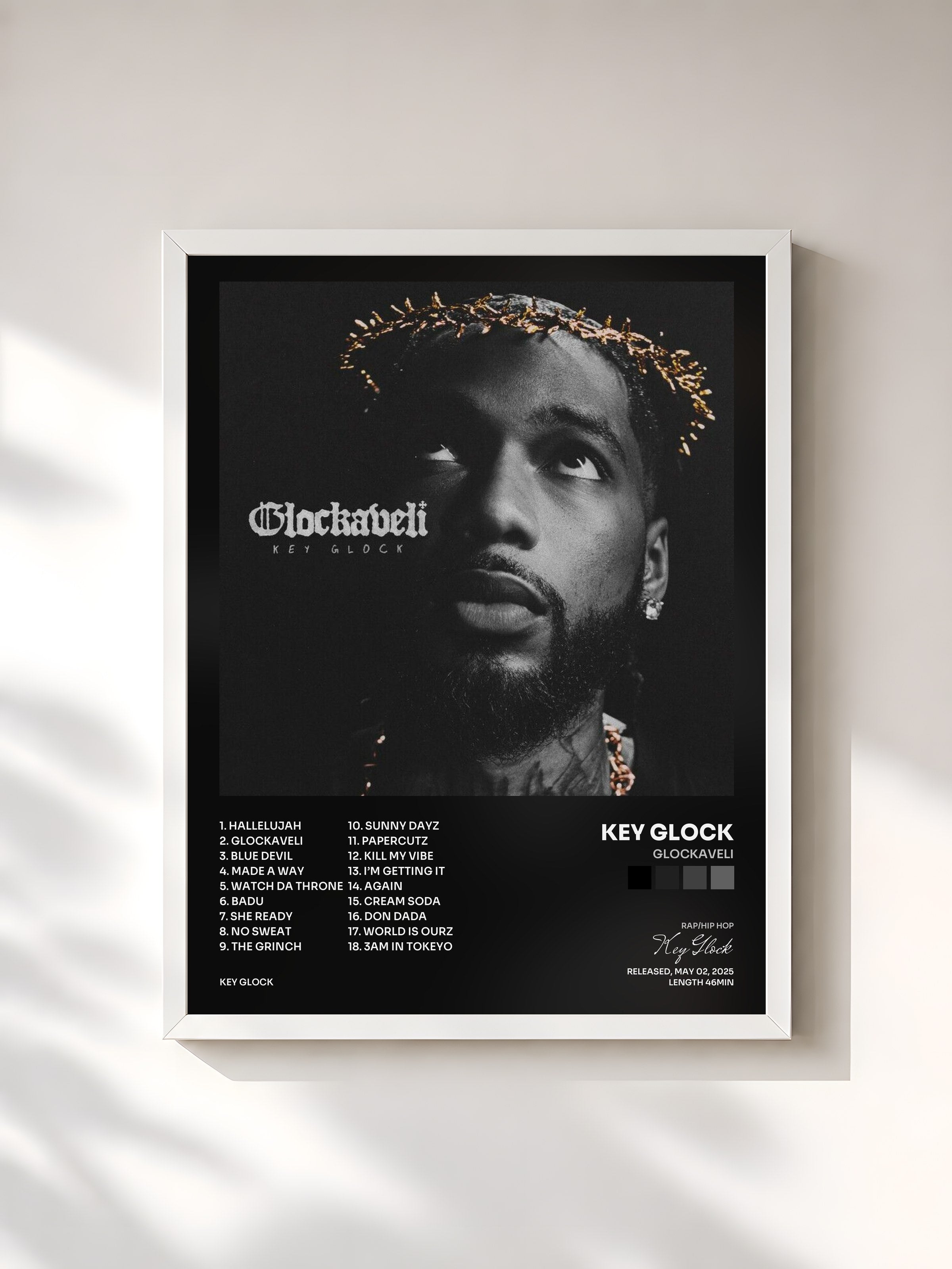#blanc Tableau de l'album Glockaveli de Key Glock, cadre blanc, imprimé et encadré en France