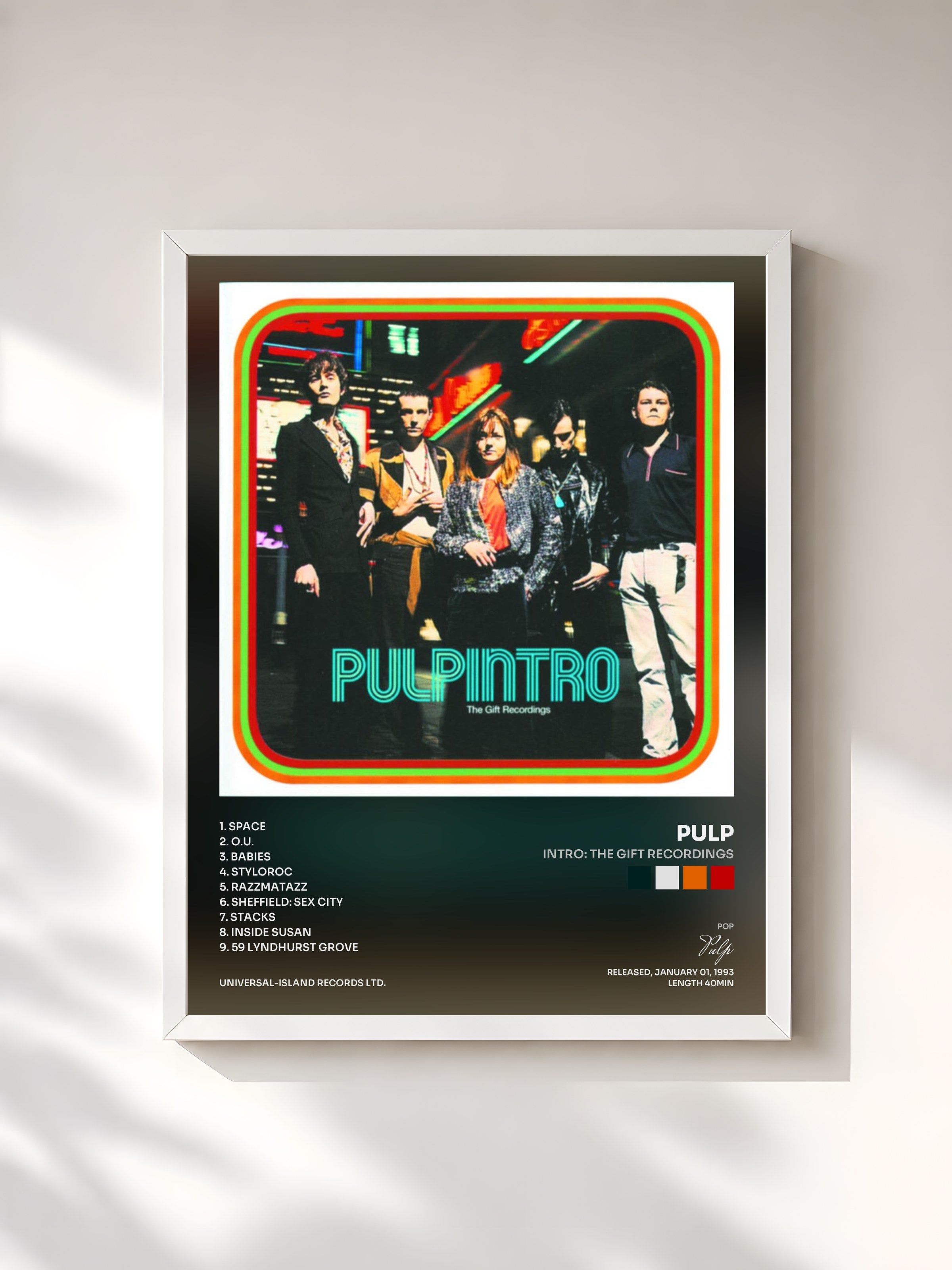 #blanc Tableau de l'album Intro: The Gift Recordings de Pulp, cadre blanc, imprimé et encadré en France