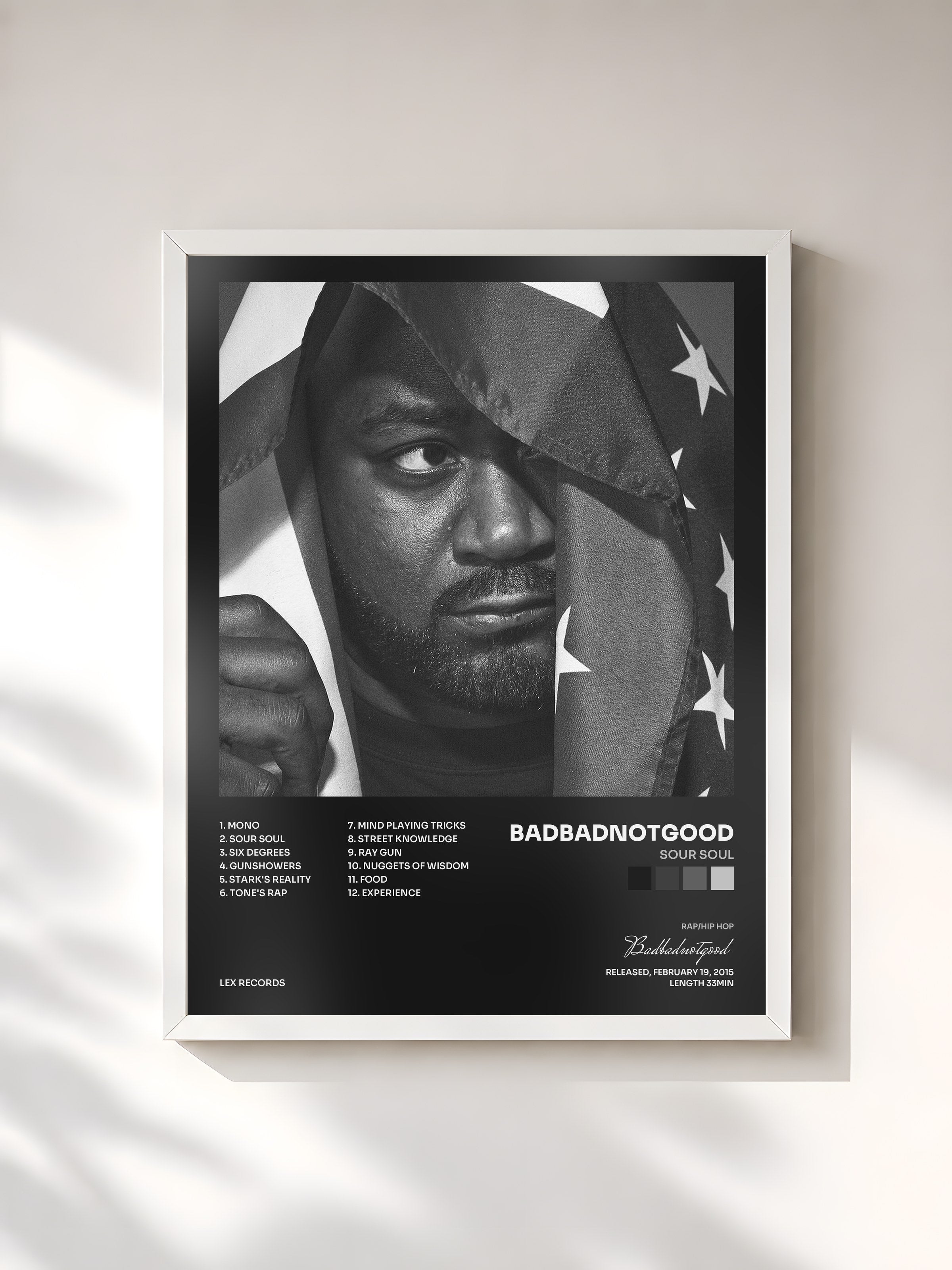 #blanc Tableau de l'album Sour Soul de Badbadnotgood, cadre blanc, imprimé et encadré en France