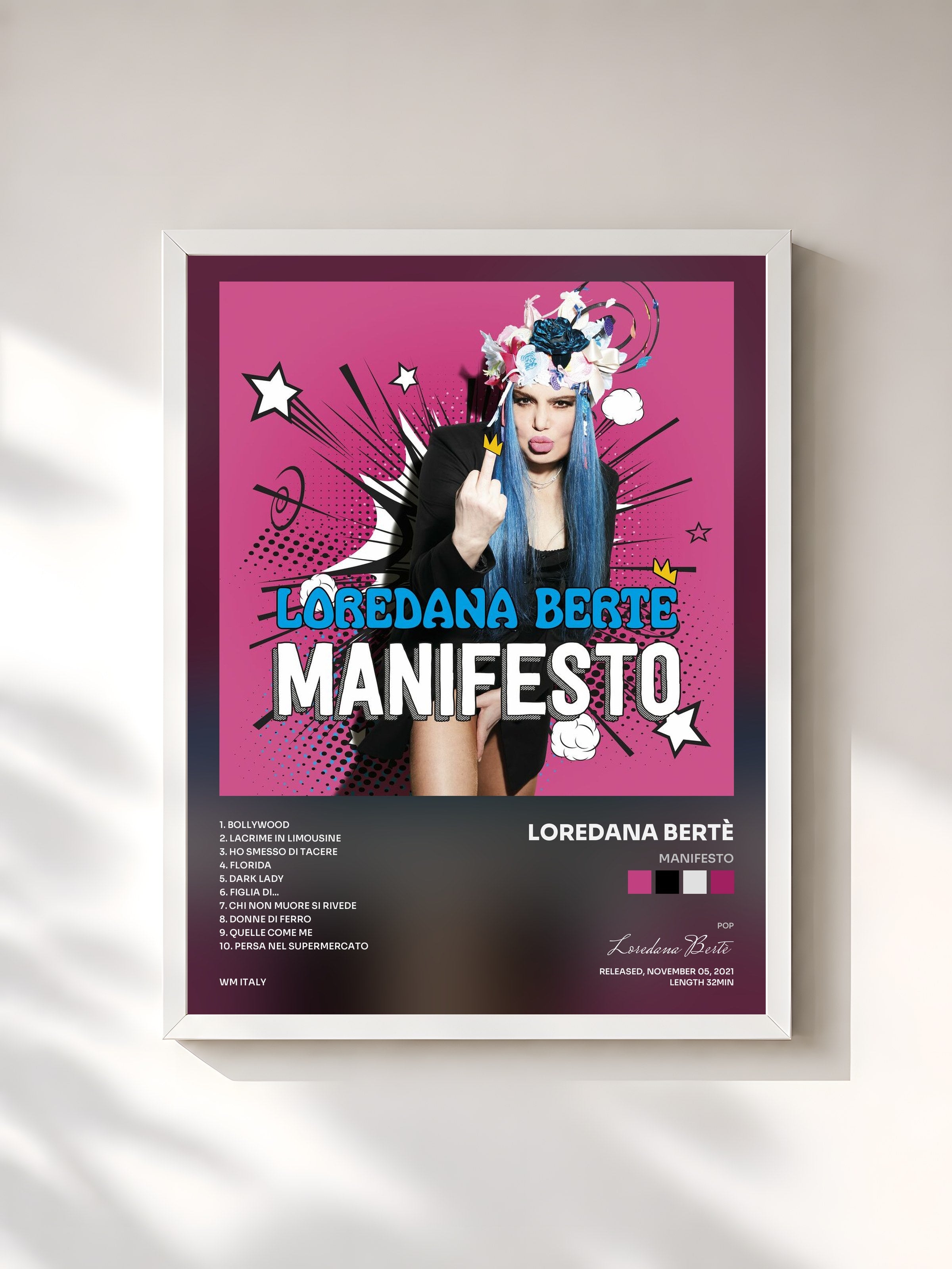 #blanc Tableau de l'album Manifesto de Loredana Bertè, cadre blanc, imprimé et encadré en France