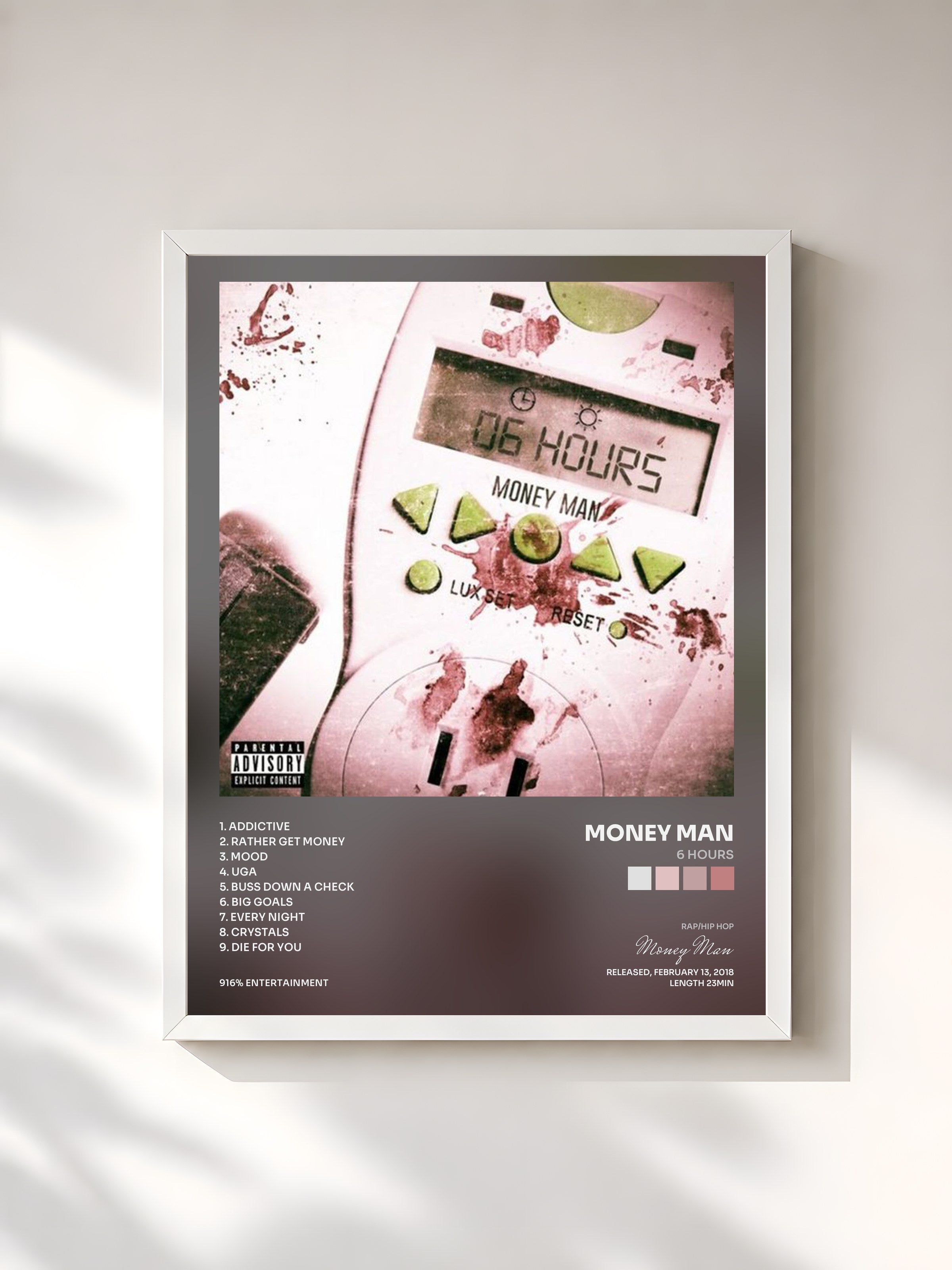 #blanc Tableau de l'album 6 Hours de Money Man, cadre blanc, imprimé et encadré en France