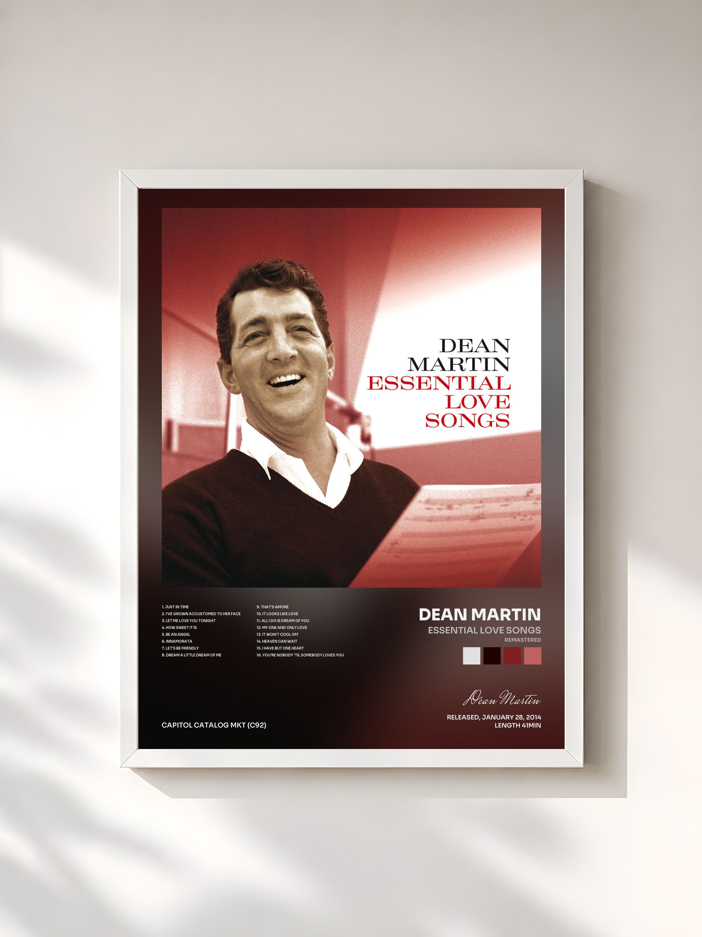 #blanc Tableau de l'album Essential Love Songs (Remastered) de Dean Martin, cadre blanc, imprimé et encadré en France