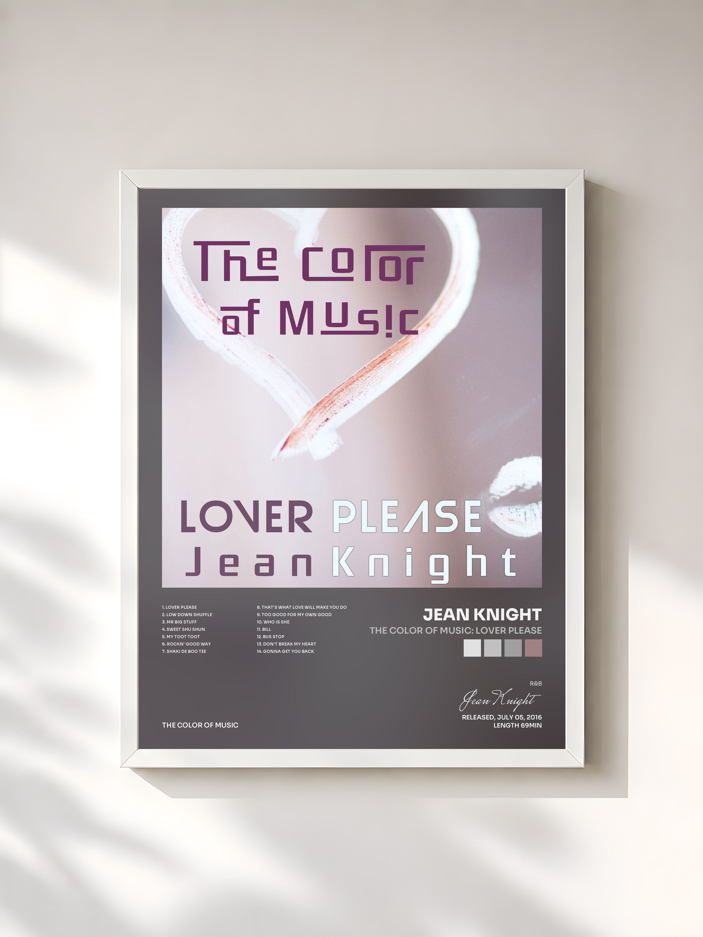 #blanc Tableau de l'album The Color of Music: Lover Please de Jean Knight, cadre blanc, imprimé et encadré en France