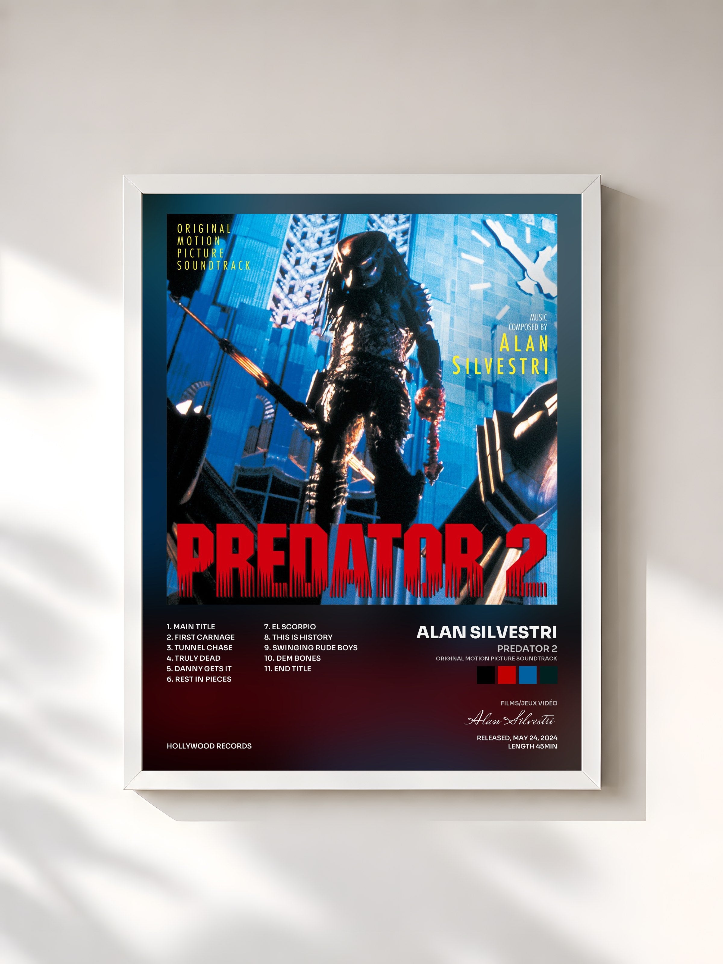 #blanc Tableau de l'album Predator 2 (Original Motion Picture Soundtrack) de Alan Silvestri, cadre blanc, imprimé et encadré en France