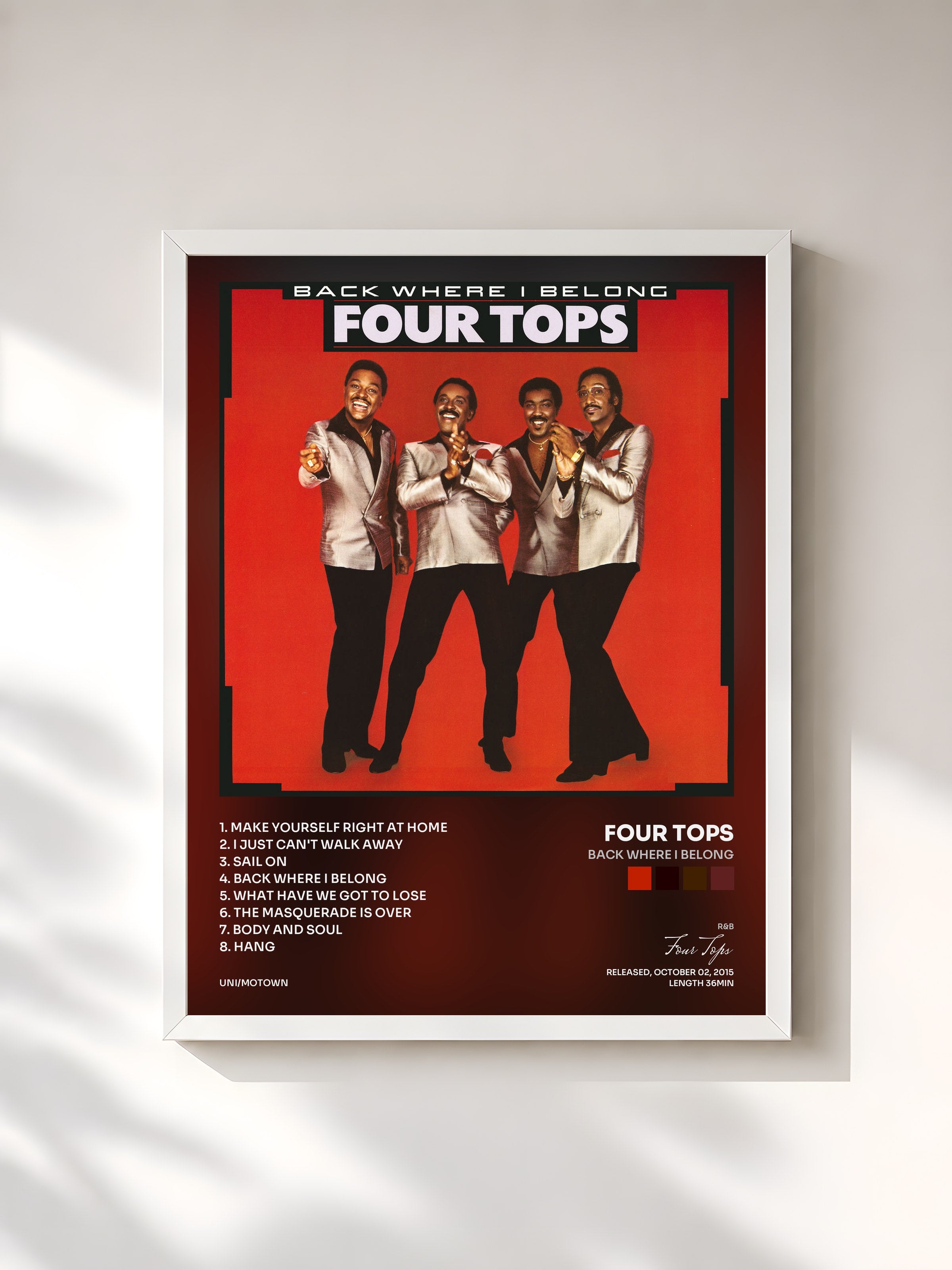 #blanc Tableau de l'album Back Where I Belong de Four Tops, cadre blanc, imprimé et encadré en France