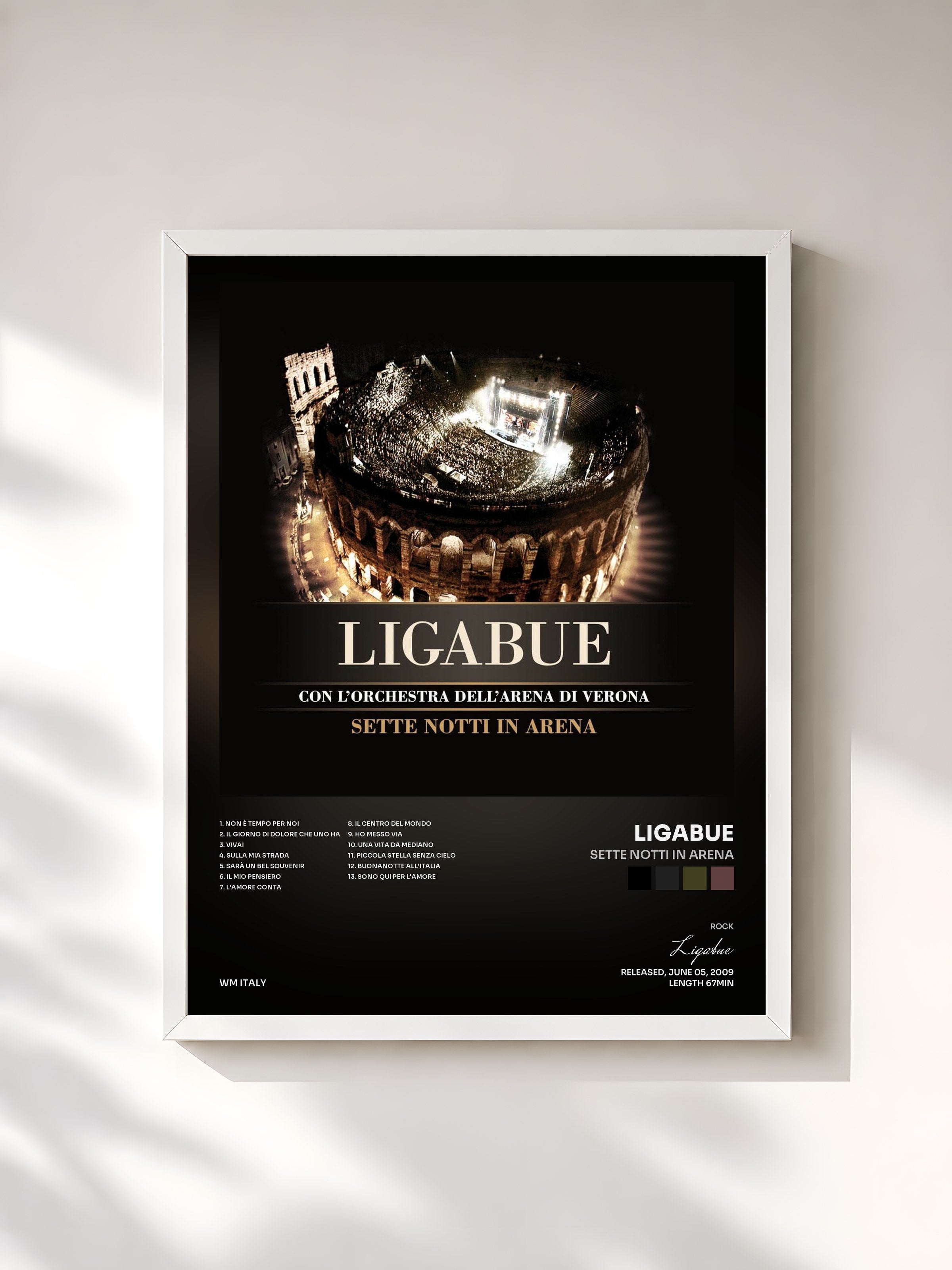#blanc Tableau de l'album Sette notti in Arena de Ligabue, cadre blanc, imprimé et encadré en France