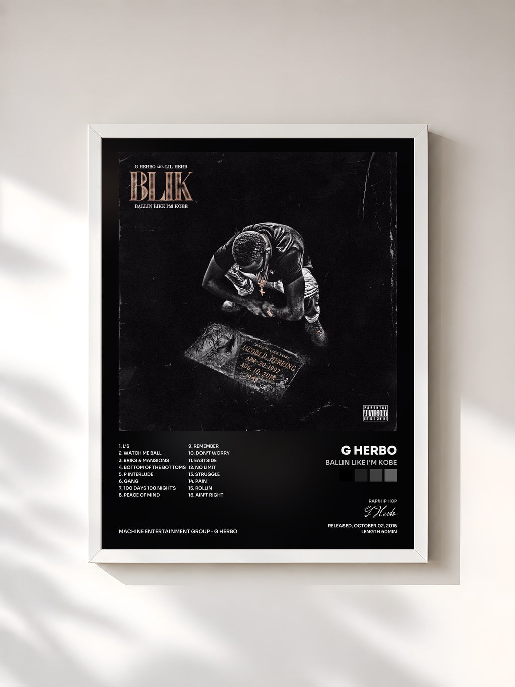 #blanc Ballin Like I'm Kobe by G Herbo as a framed art print, white frame, printed and framed in France