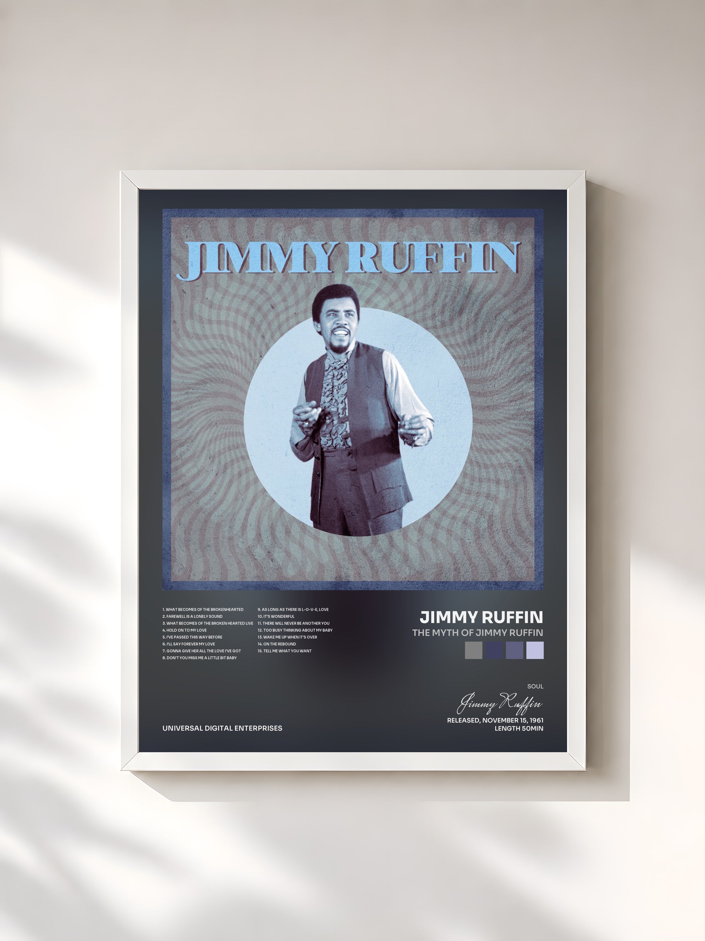 #blanc Tableau de l'album The Myth of Jimmy Ruffin de Jimmy Ruffin, cadre blanc, imprimé et encadré en France