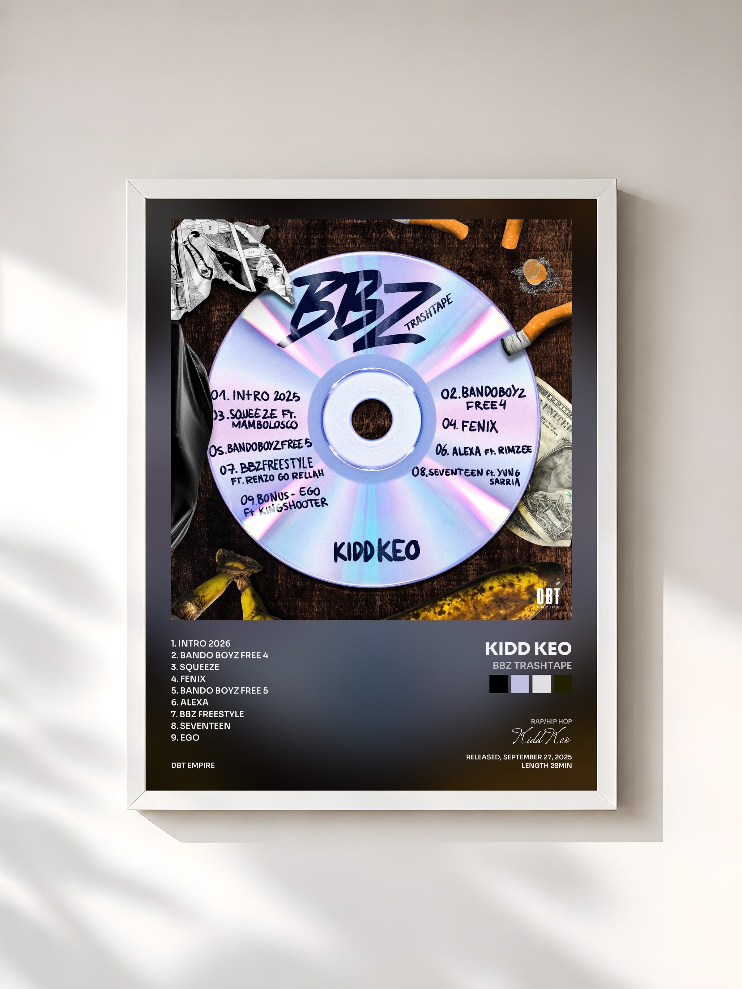 #blanc Tableau de l'album BBZ TRASHTAPE de Kidd Keo, cadre blanc, imprimé et encadré en France