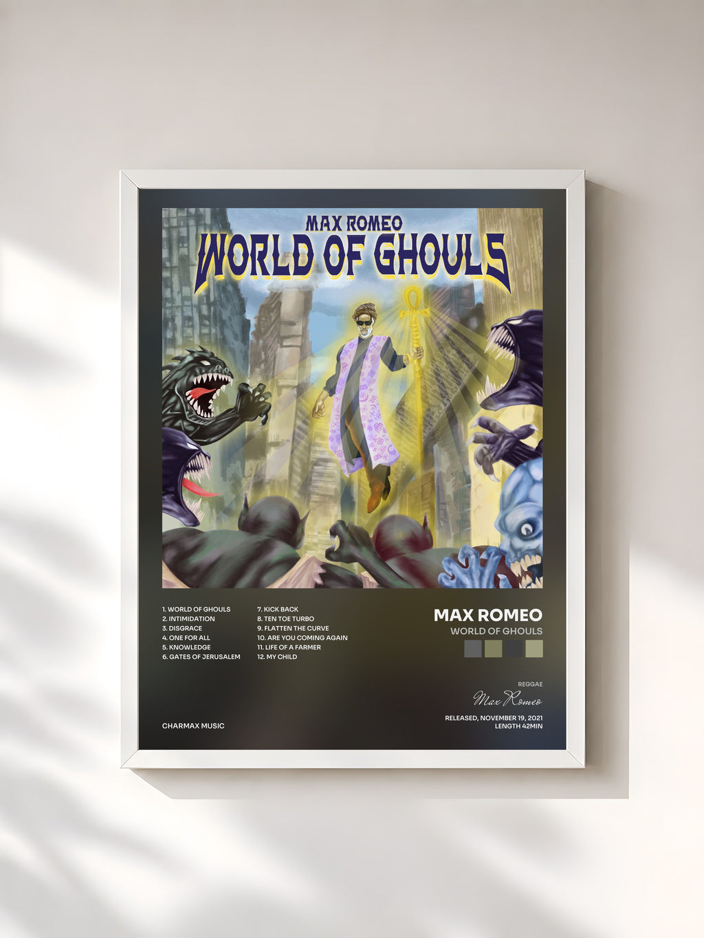 #blanc Tableau de l'album World Of Ghouls de Max Romeo, cadre blanc, imprimé et encadré en France