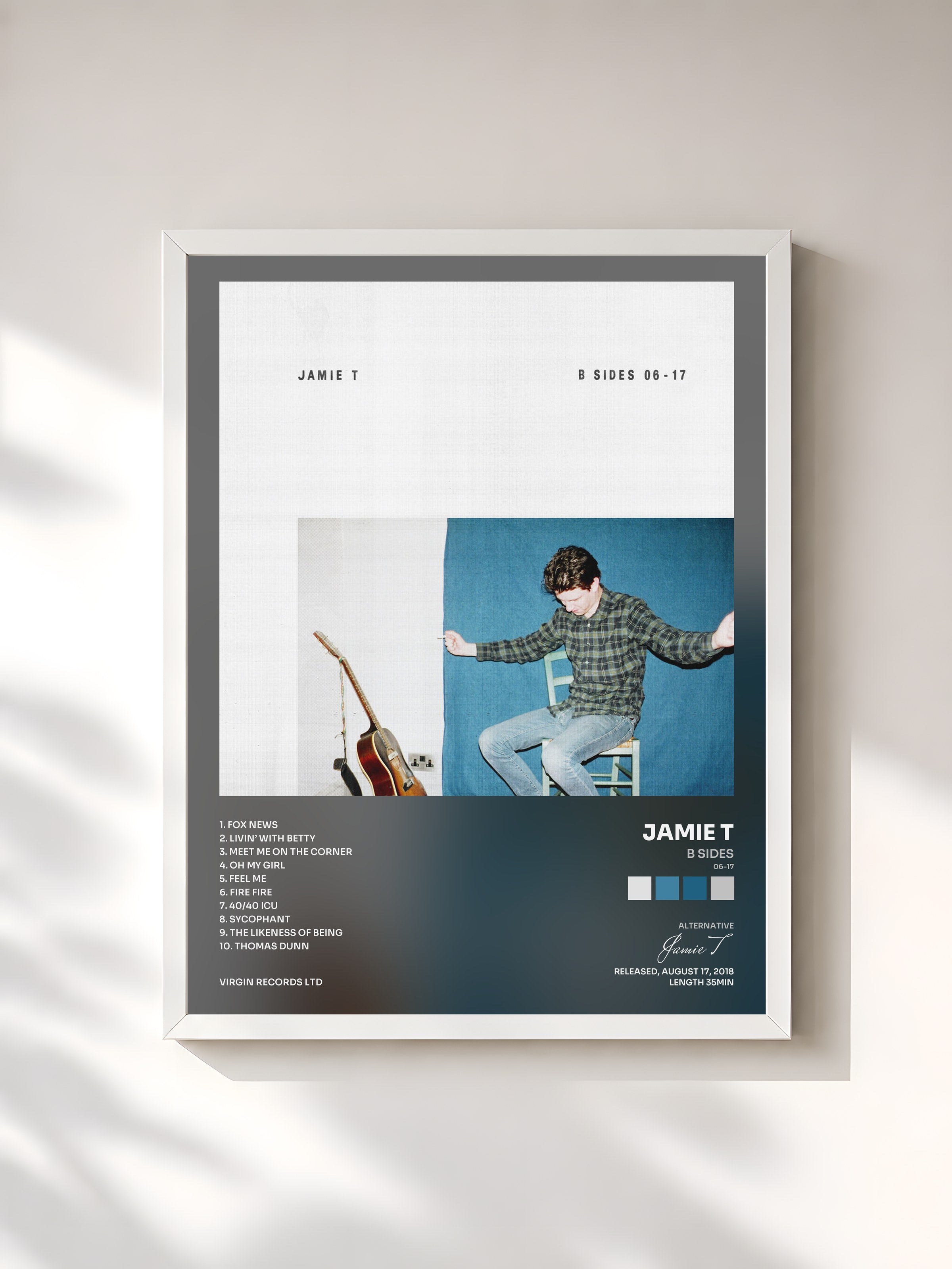#blanc Tableau de l'album B Sides (06-17) de Jamie T, cadre blanc, imprimé et encadré en France