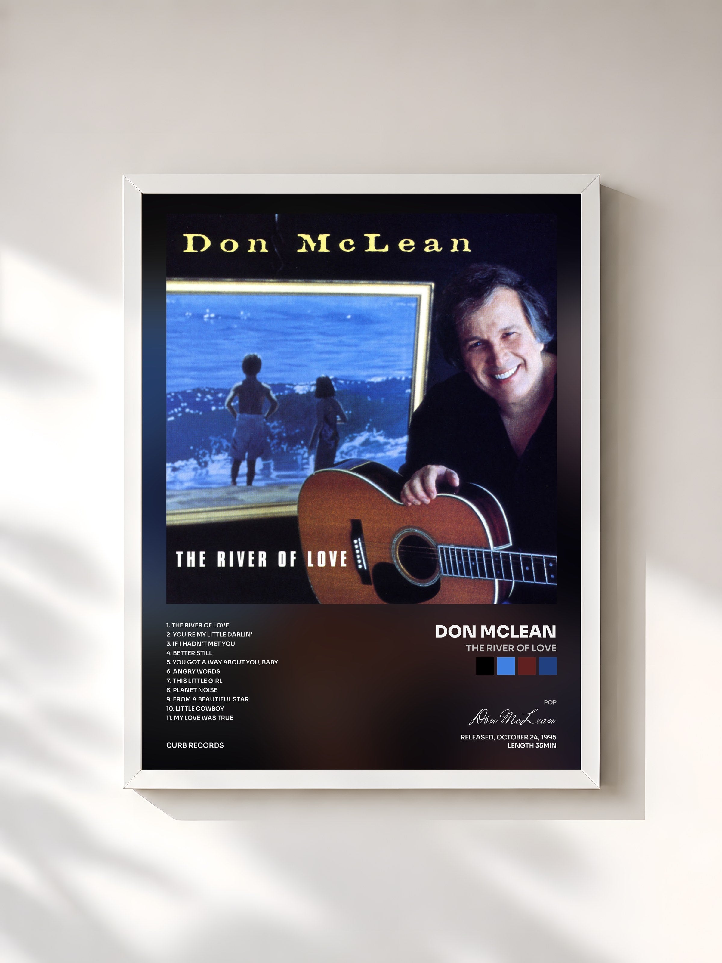 #blanc Tableau de l'album The River Of Love de Don McLean, cadre blanc, imprimé et encadré en France