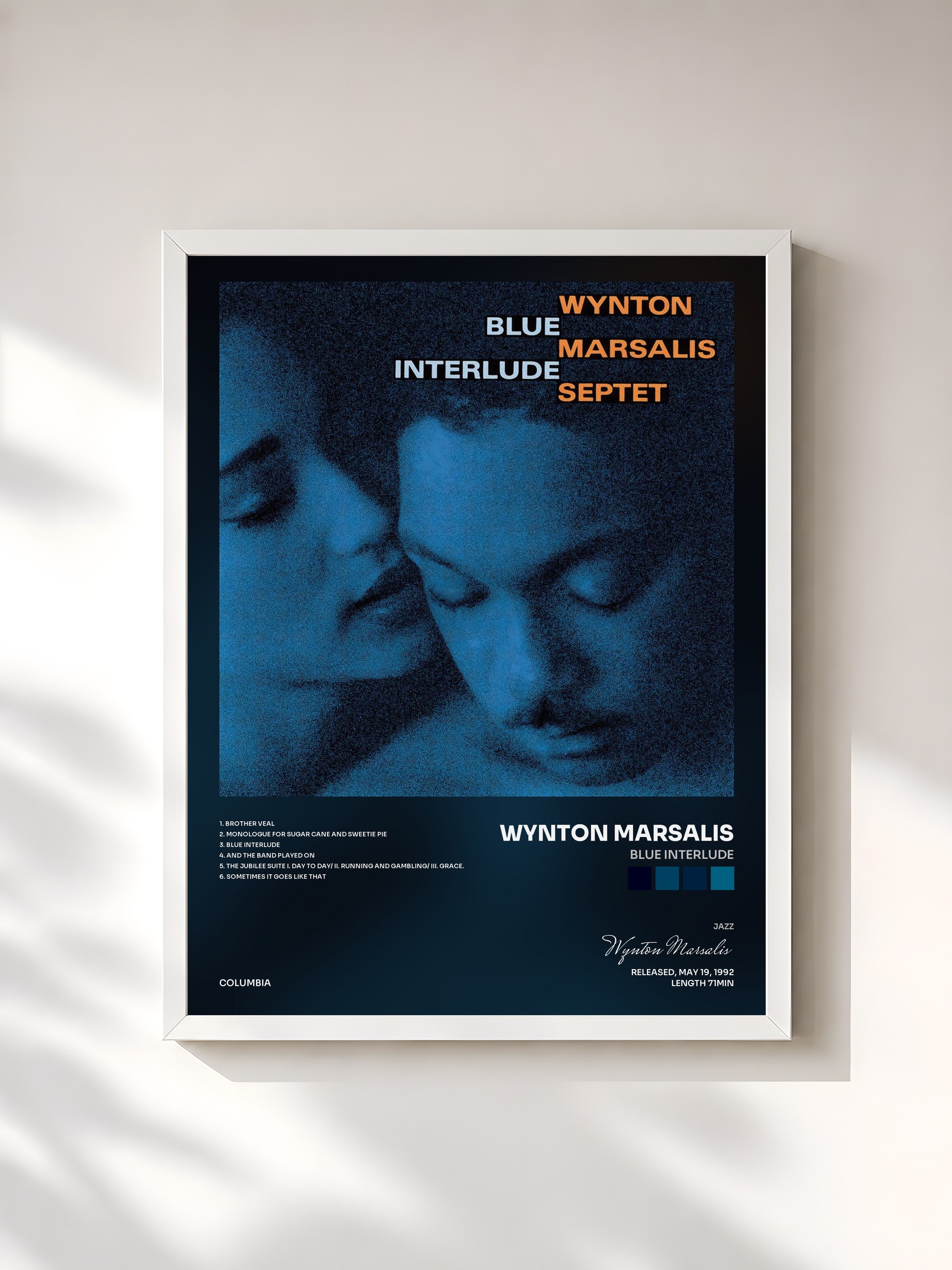 #blanc Tableau de l'album Blue Interlude de Wynton Marsalis, cadre blanc, imprimé et encadré en France