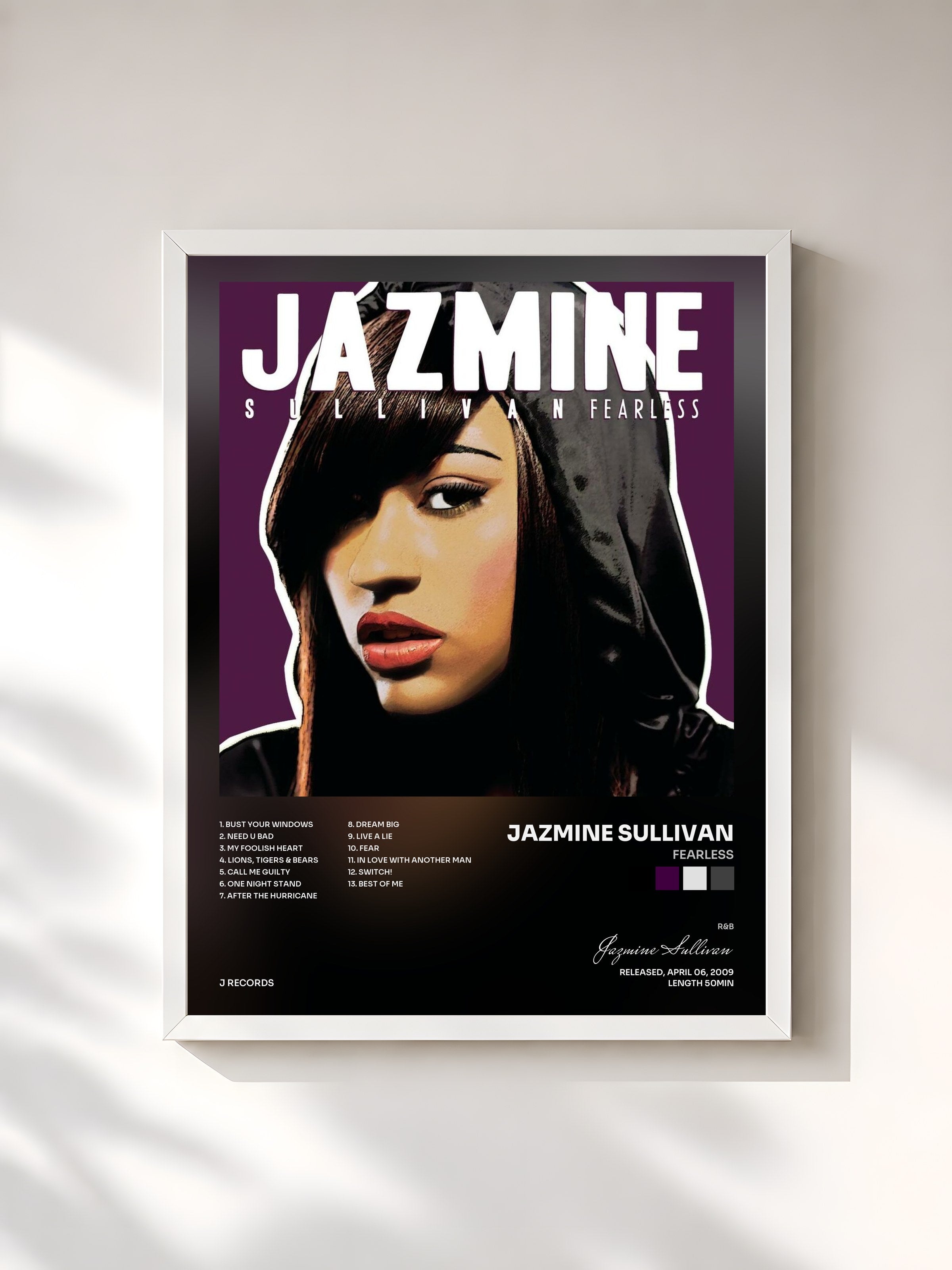 #blanc Tableau de l'album Fearless de Jazmine Sullivan, cadre blanc, imprimé et encadré en France