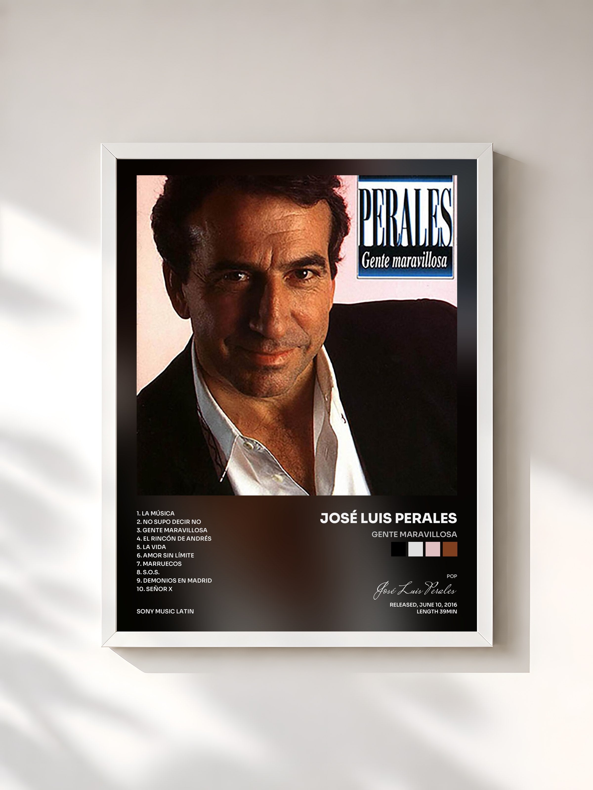 #blanc Tableau de l'album Gente Maravillosa de José Luis Perales, cadre blanc, imprimé et encadré en France
