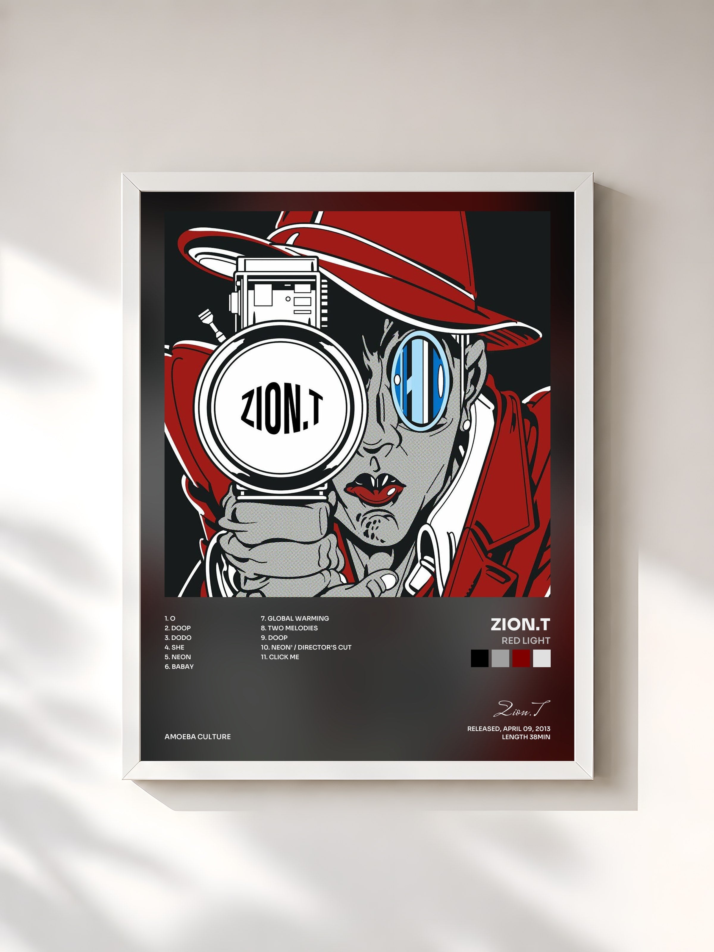 #blanc Tableau de l'album Red Light de Zion.T, cadre blanc, imprimé et encadré en France