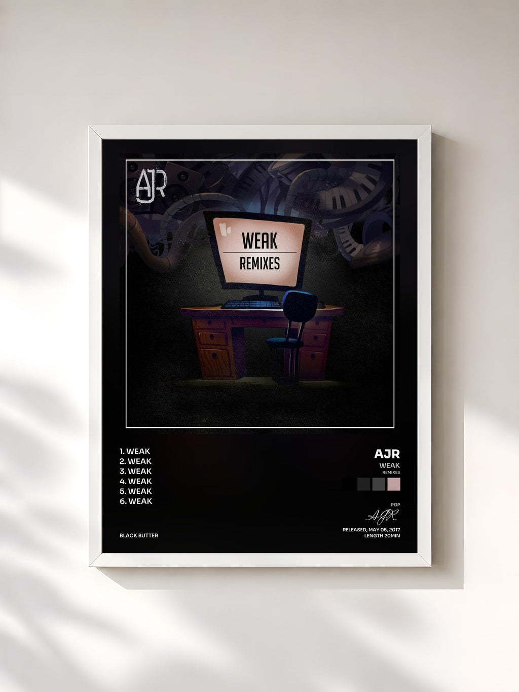#blanc Tableau de l'album Weak (Remixes) de AJR, cadre blanc, imprimé et encadré en France
