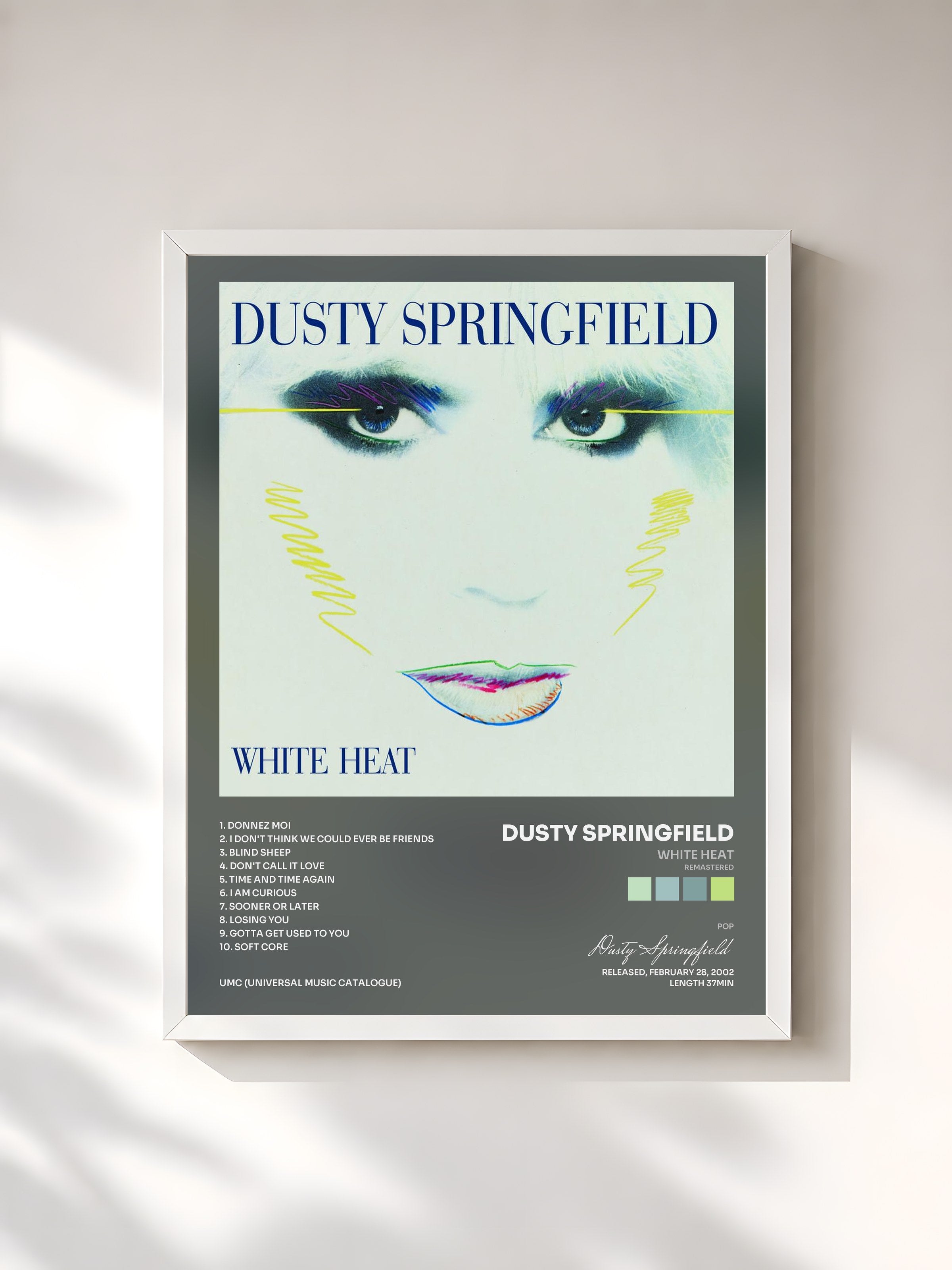 #blanc Tableau de l'album White Heat (Remastered) de Dusty Springfield, cadre blanc, imprimé et encadré en France