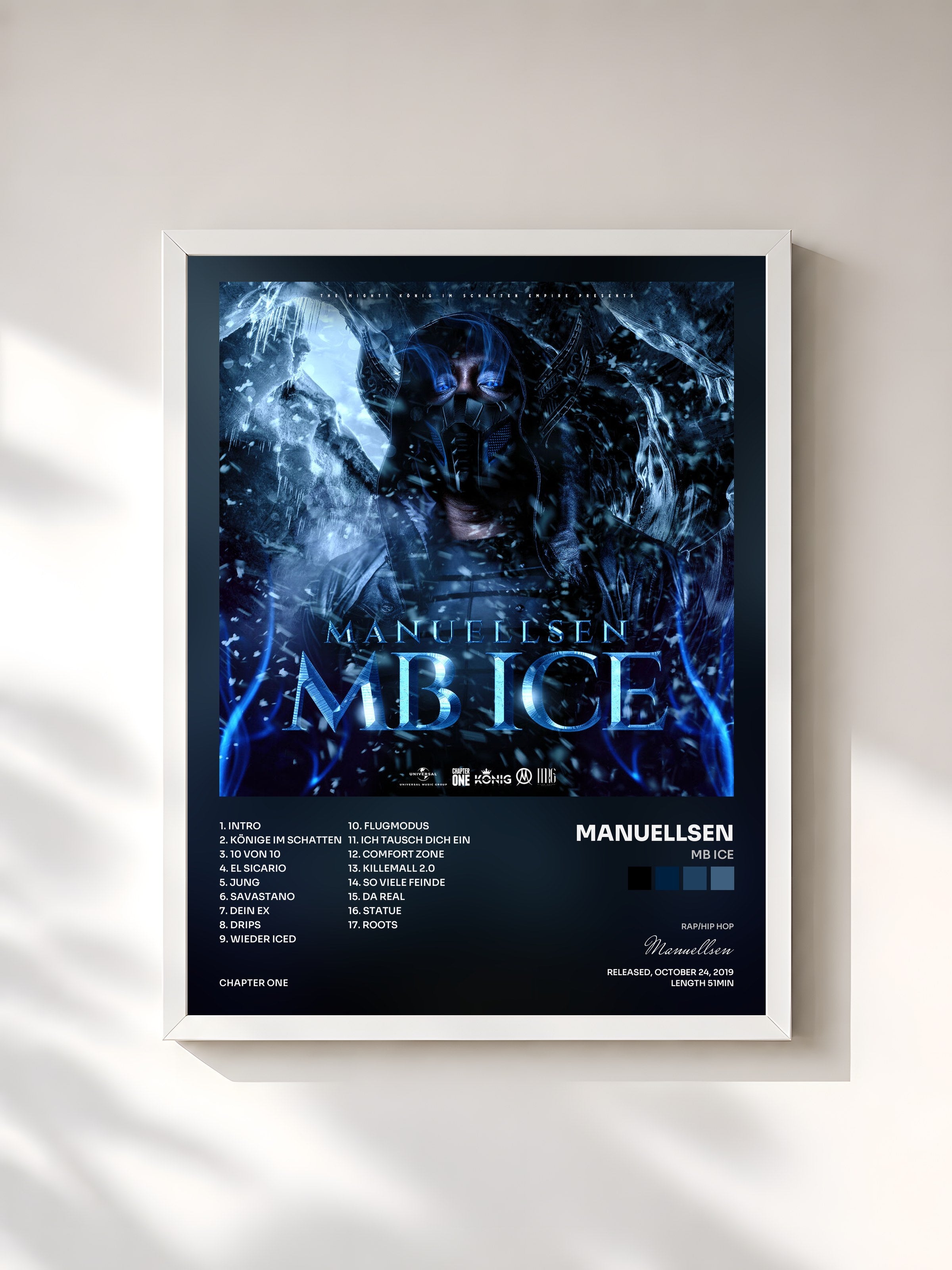 #blanc Tableau de l'album MB ICE de Manuellsen, cadre blanc, imprimé et encadré en France