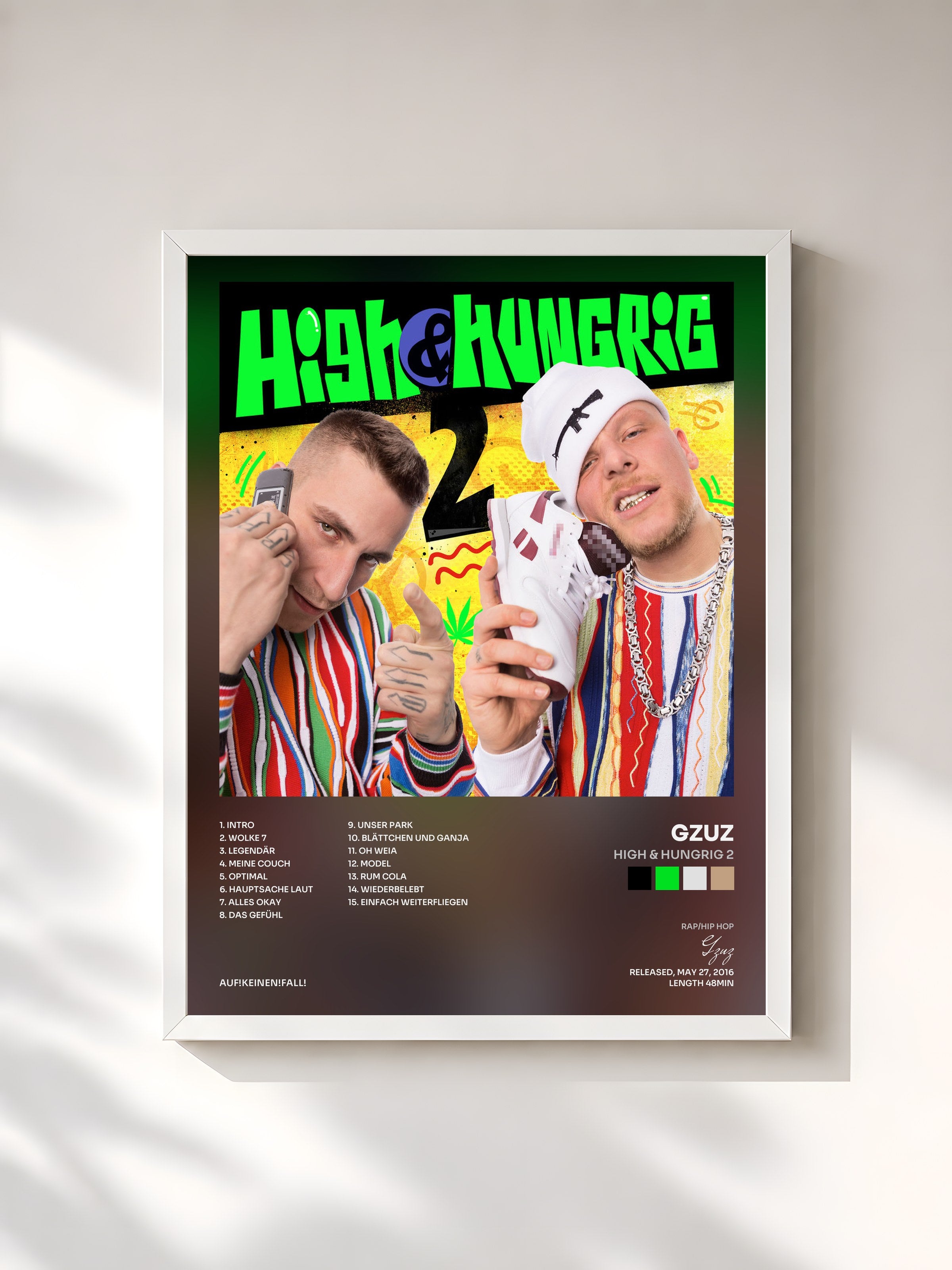 #blanc Tableau de l'album High & Hungrig 2 de Gzuz, cadre blanc, imprimé et encadré en France
