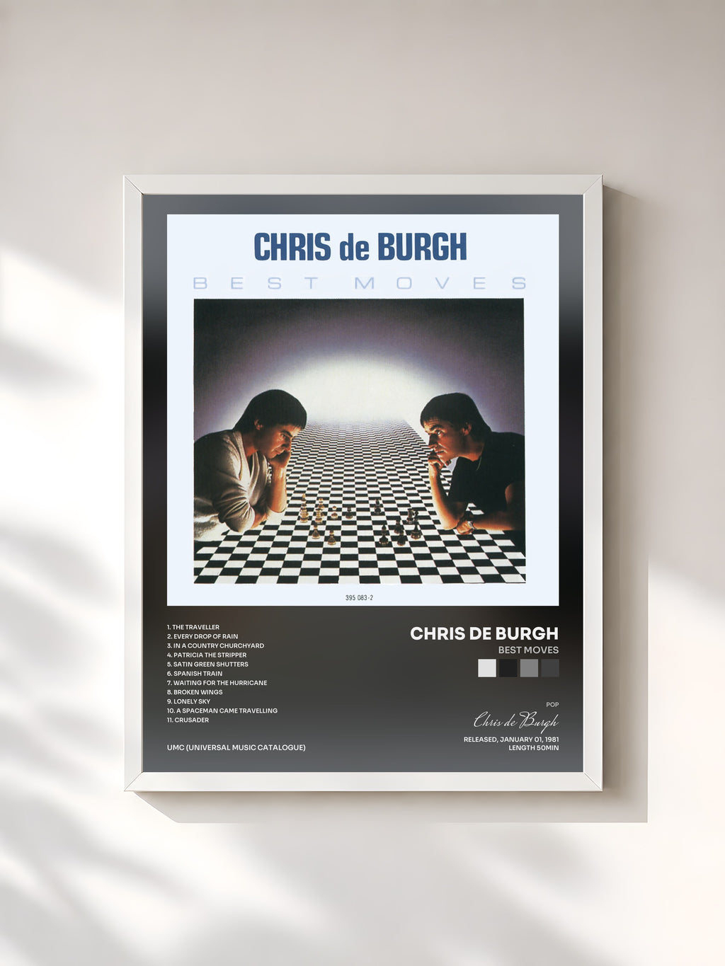 #blanc Tableau de l'album Best Moves de Chris de Burgh, cadre blanc, imprimé et encadré en France