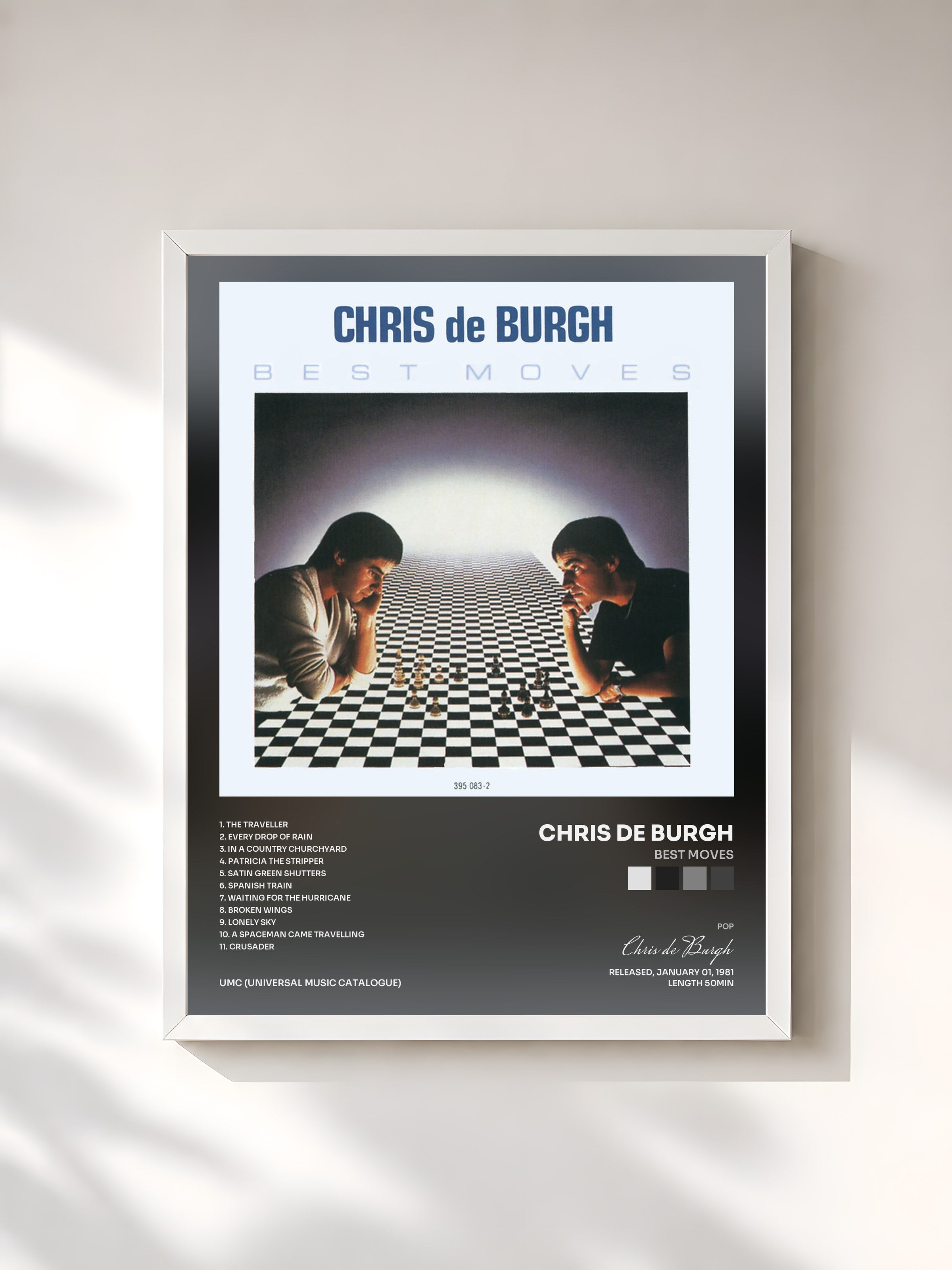 #blanc Tableau de l'album Best Moves de Chris de Burgh, cadre blanc, imprimé et encadré en France