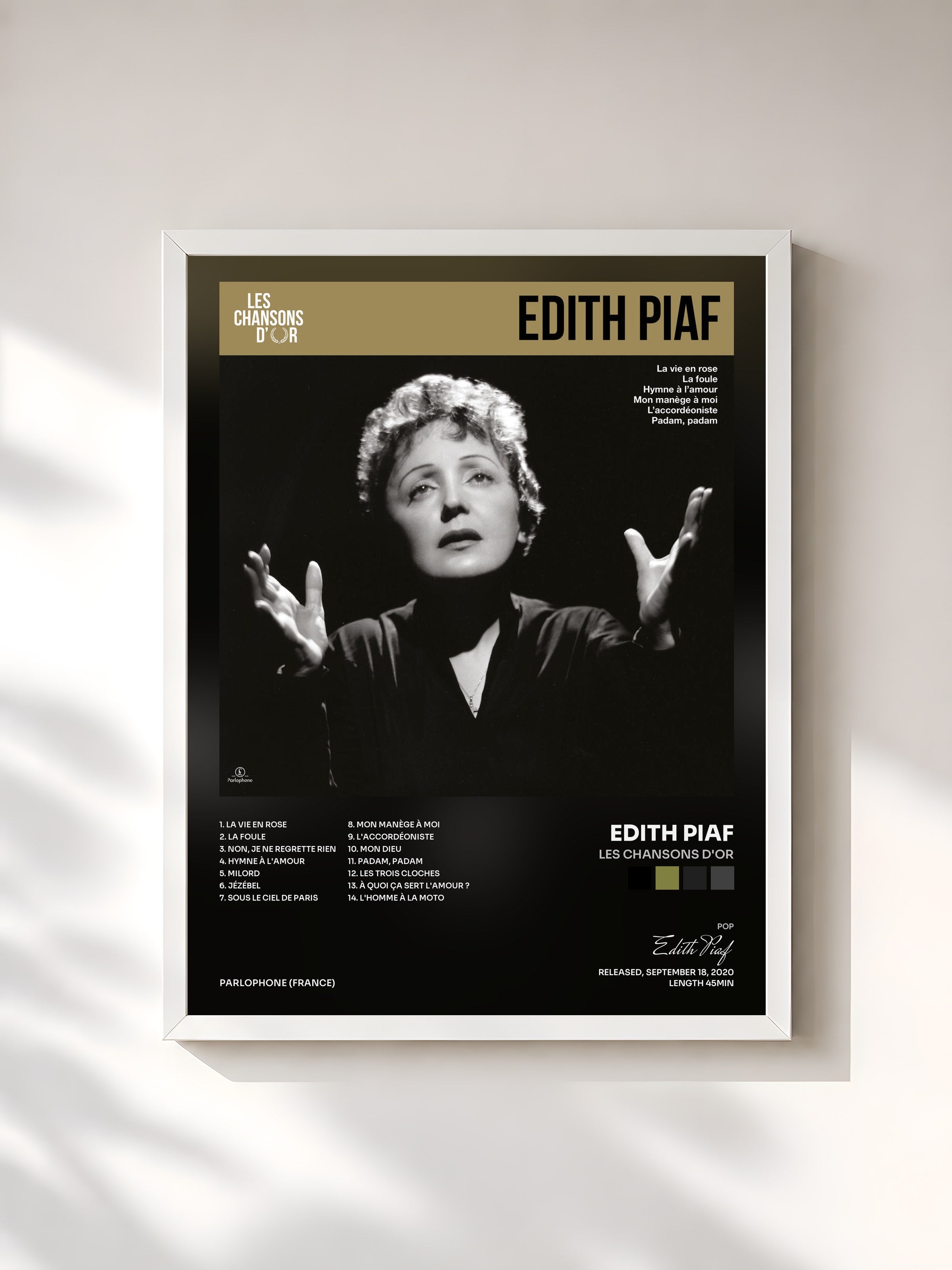 #blanc Tableau de l'album Les chansons d'or de Edith Piaf, cadre blanc, imprimé et encadré en France