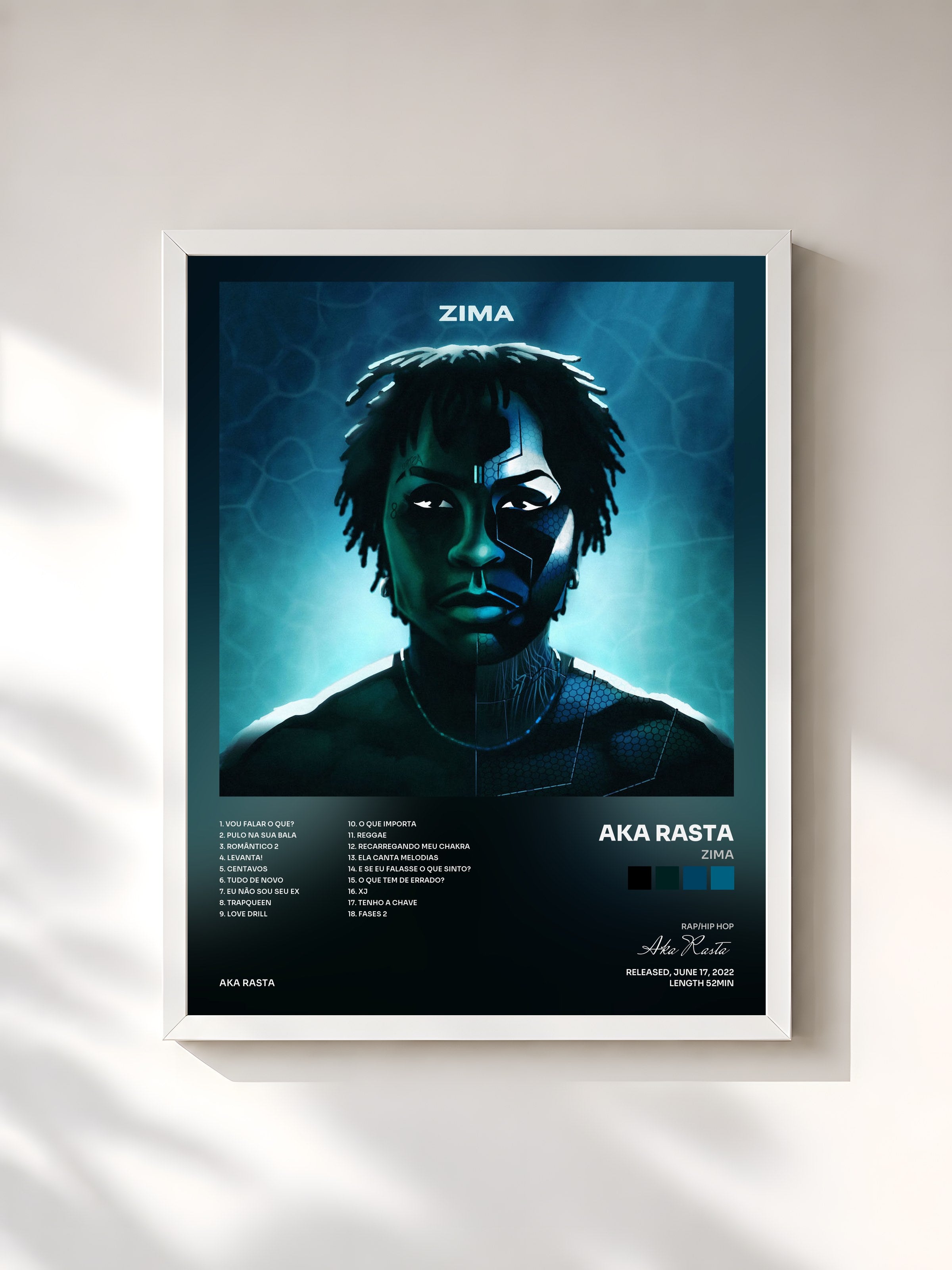 #blanc Tableau de l'album ZIMA de Aka Rasta, cadre blanc, imprimé et encadré en France