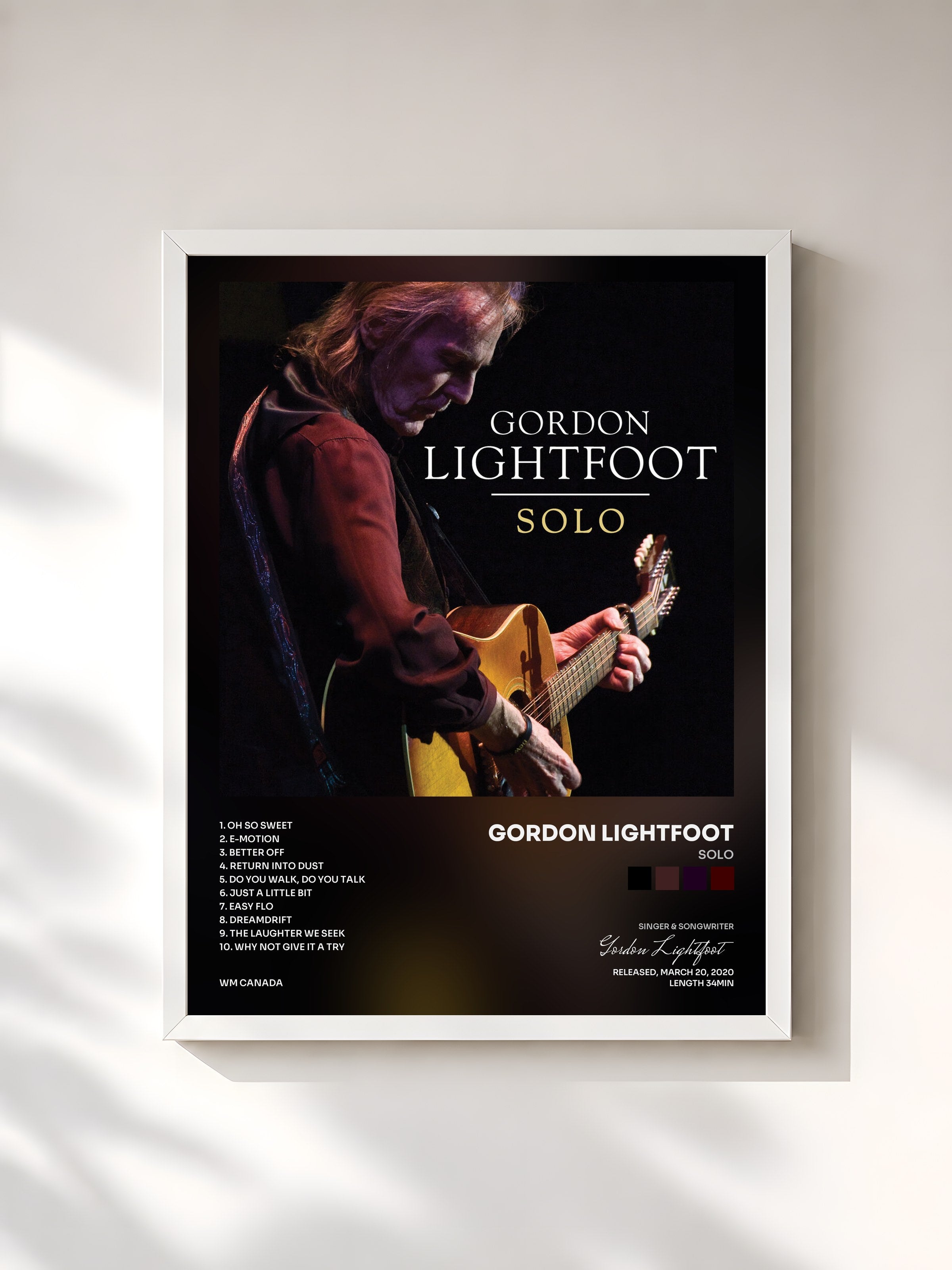 #blanc Tableau de l'album Solo de Gordon Lightfoot, cadre blanc, imprimé et encadré en France