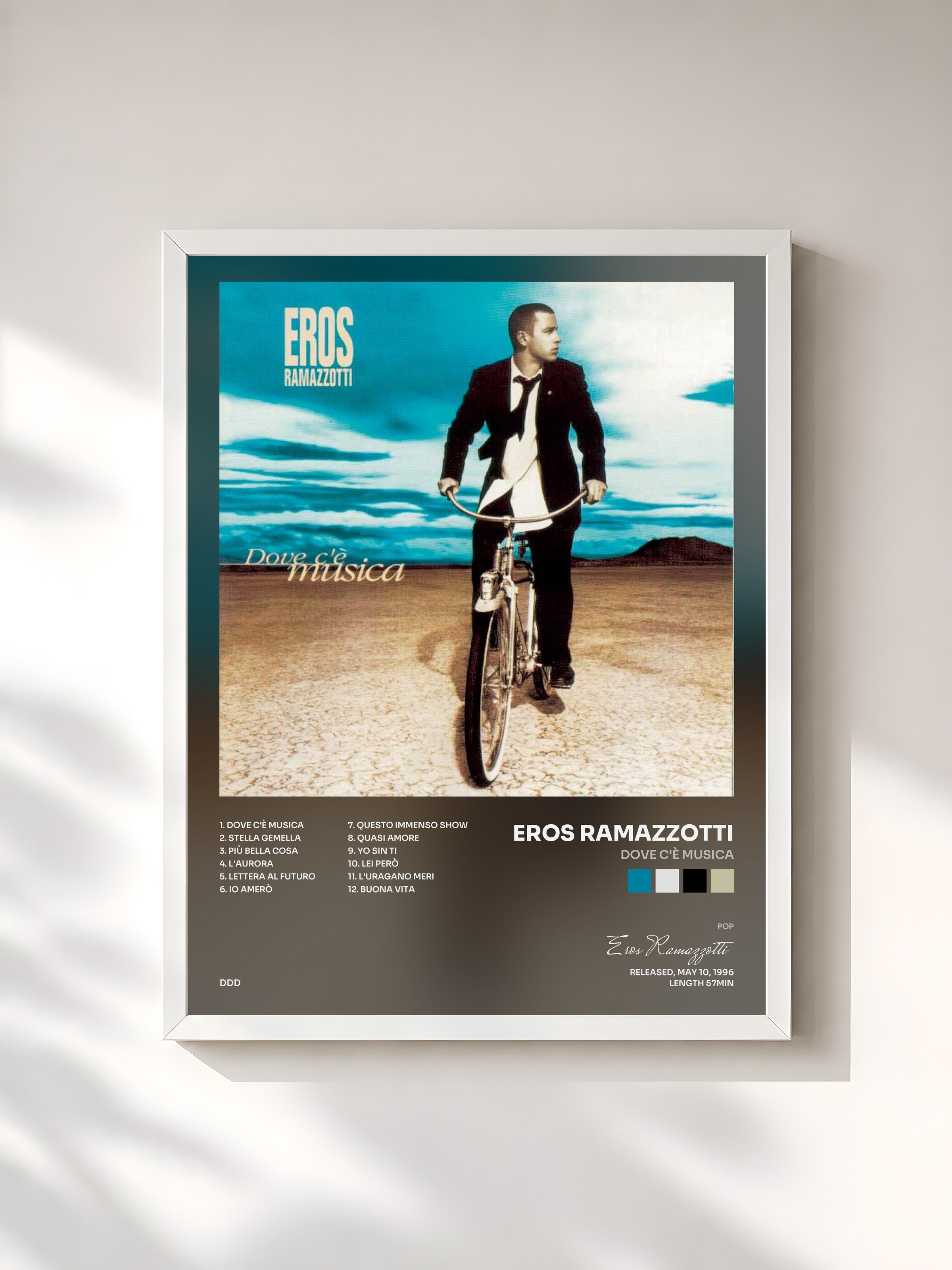 #blanc Tableau de l'album Dove c'è musica de Eros Ramazzotti, cadre blanc, imprimé et encadré en France