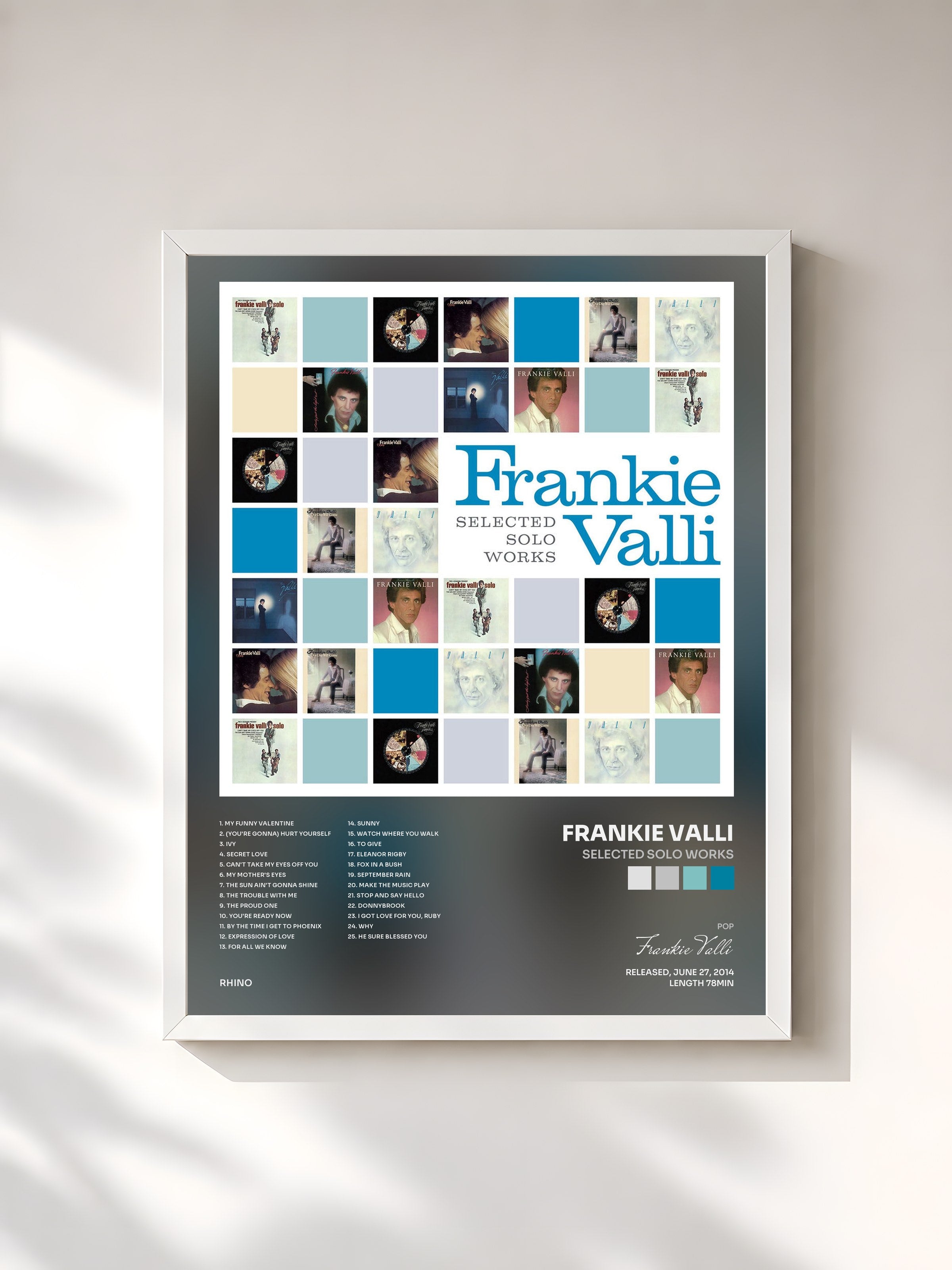 #blanc Tableau de l'album Selected Solo Works de Frankie Valli, cadre blanc, imprimé et encadré en France