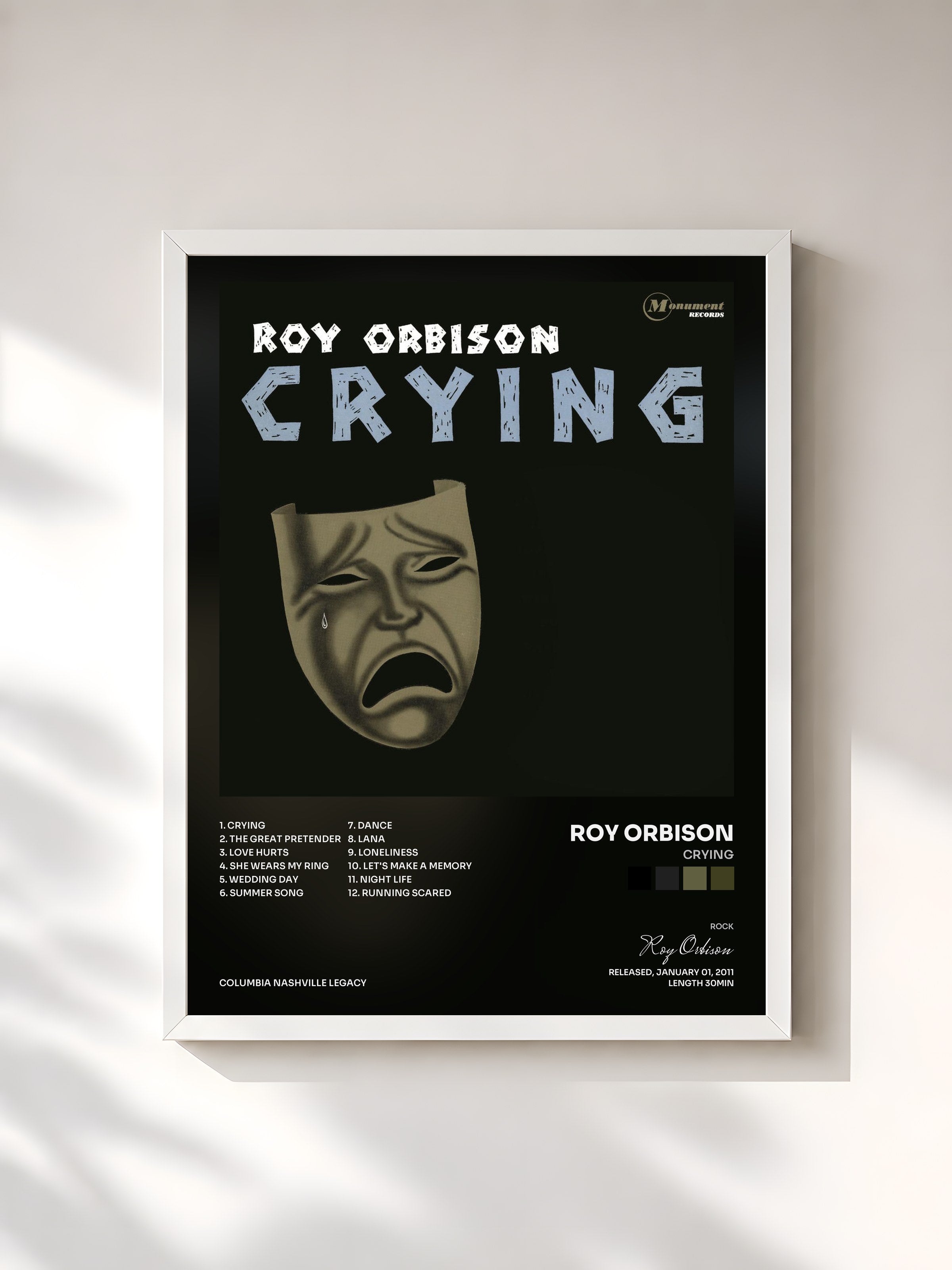 #blanc Tableau de l'album Crying de Roy Orbison, cadre blanc, imprimé et encadré en France