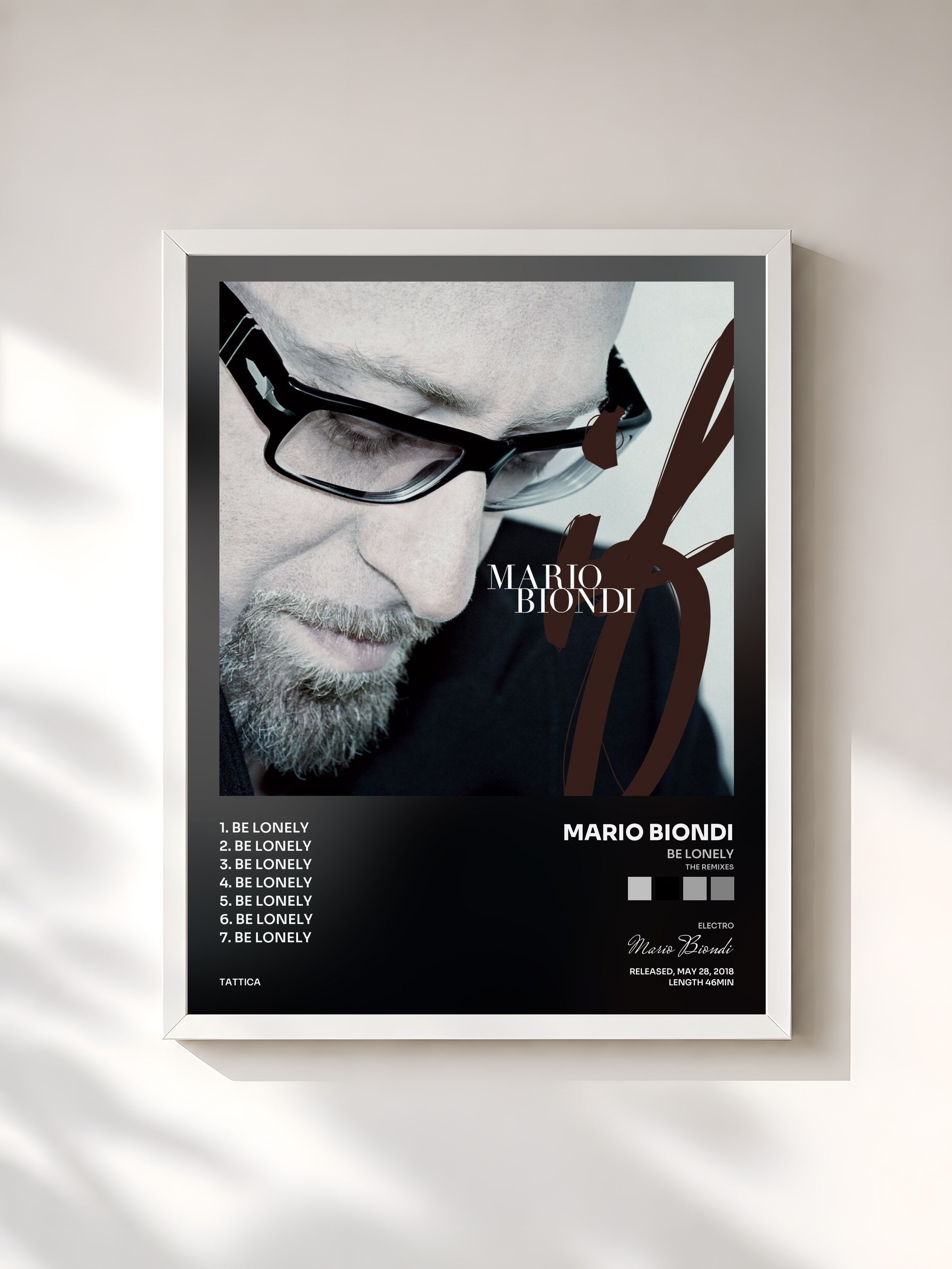 #blanc Tableau de l'album Be Lonely (The Remixes) de Mario Biondi, cadre blanc, imprimé et encadré en France