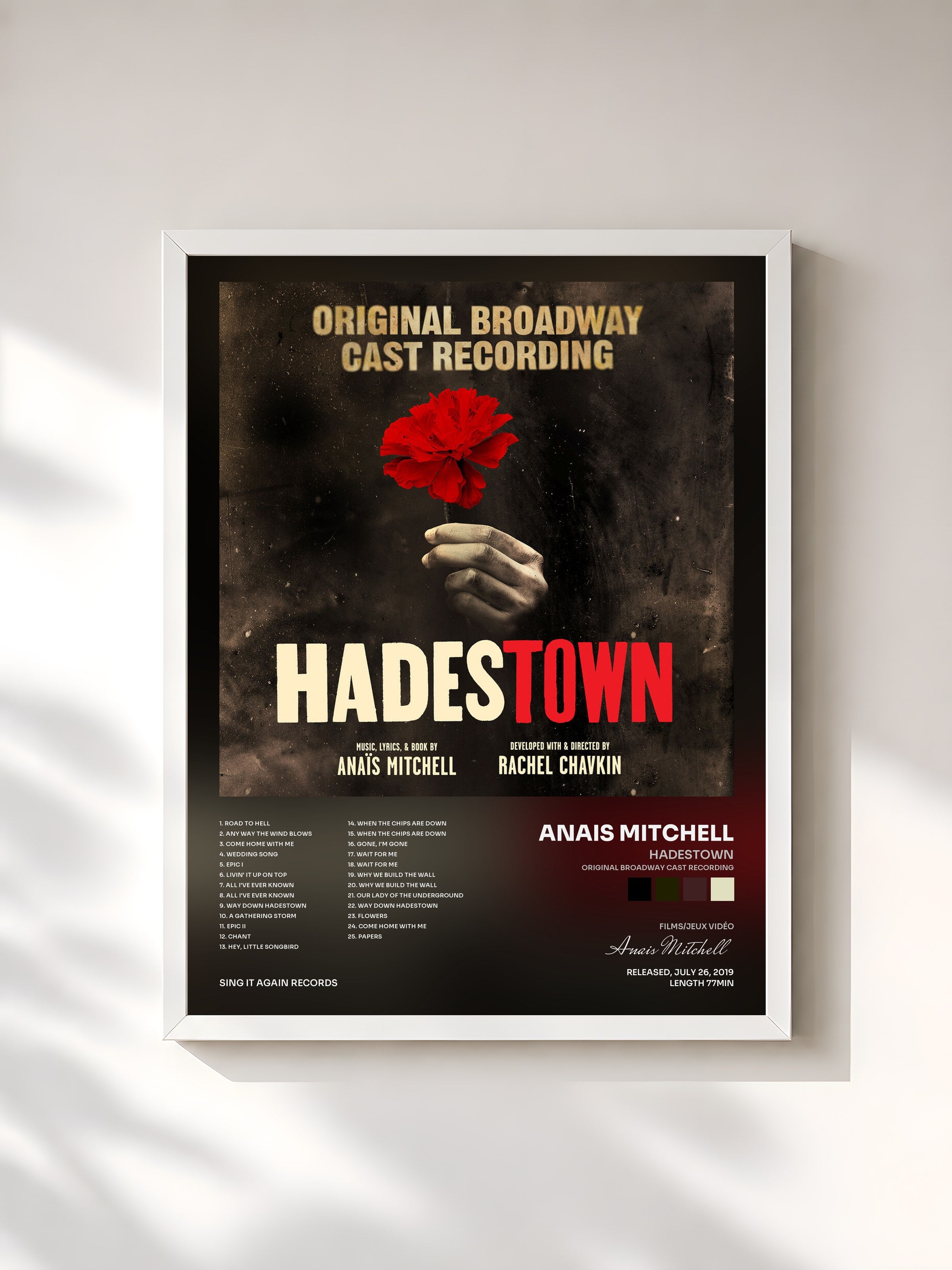 #blanc Tableau de l'album Hadestown (Original Broadway Cast Recording) de Anais Mitchell, cadre blanc, imprimé et encadré en France