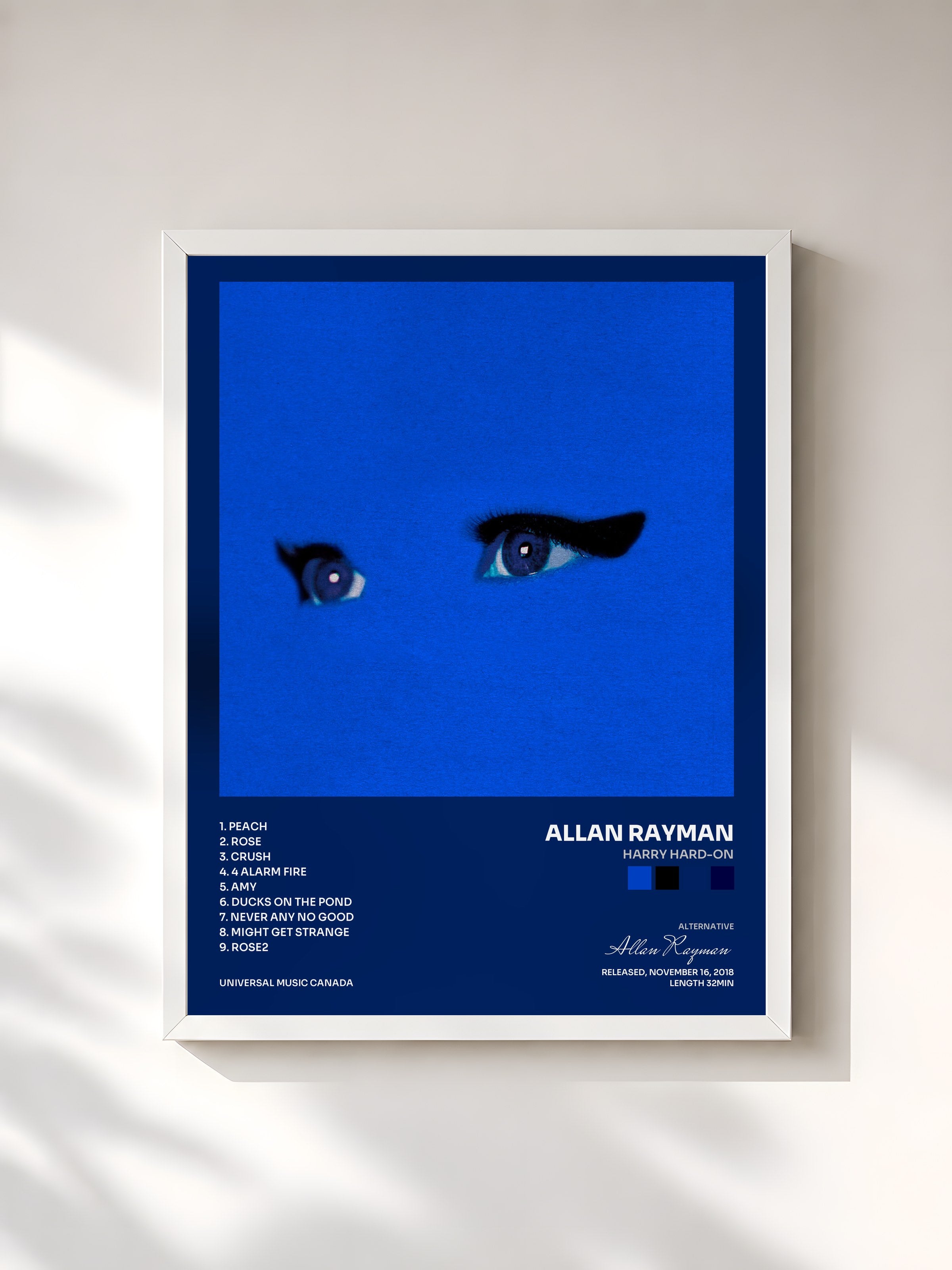 #blanc Tableau de l'album Harry Hard-On de Allan Rayman, cadre blanc, imprimé et encadré en France