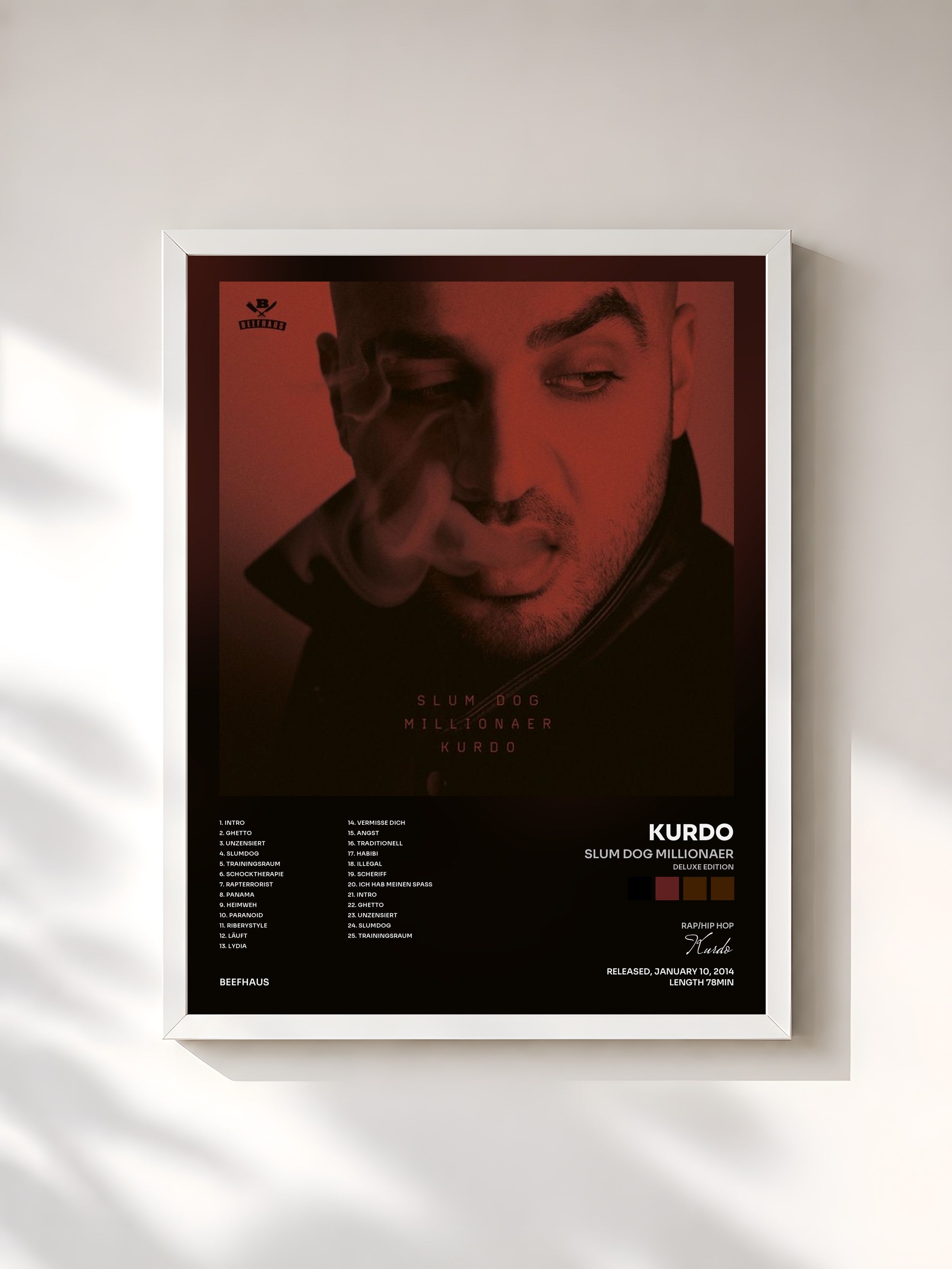 #blanc Tableau de l'album Slum Dog Millionaer (Deluxe Edition) de Kurdo, cadre blanc, imprimé et encadré en France
