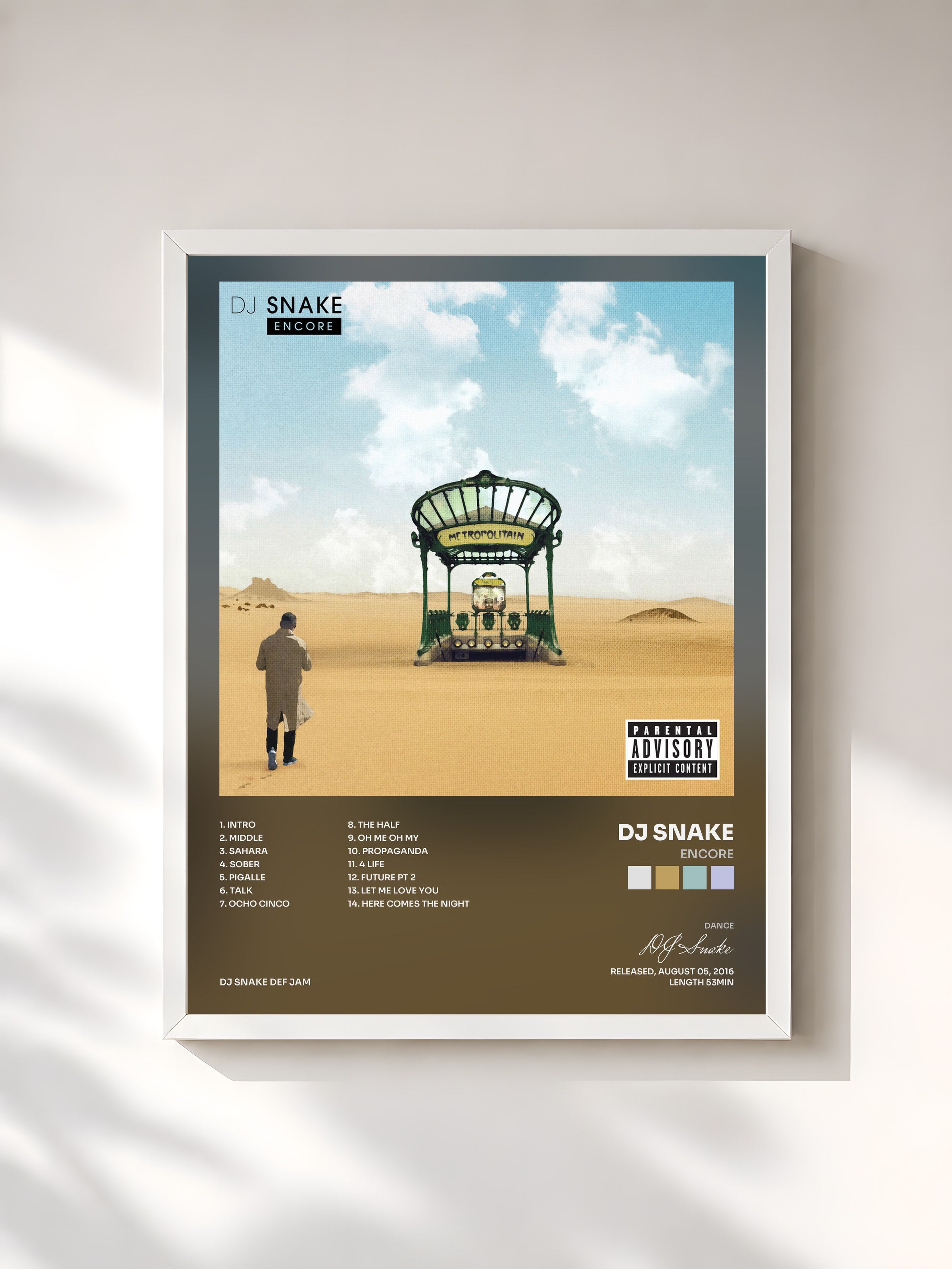#blanc Tableau de l'album Encore de DJ Snake, cadre blanc, imprimé et encadré en France