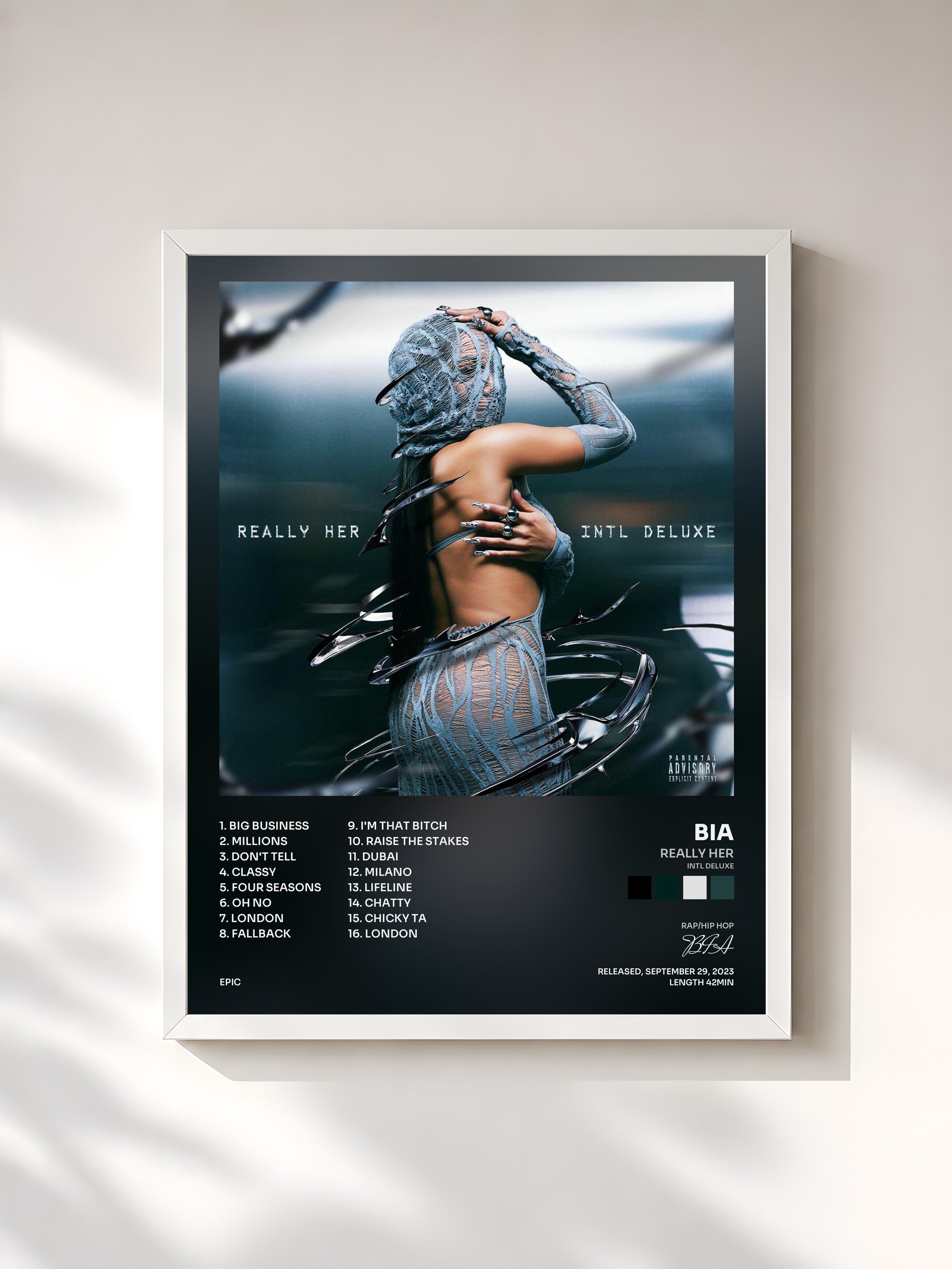 #blanc Tableau de l'album REALLY HER (Intl Deluxe) de BIA, cadre blanc, imprimé et encadré en France