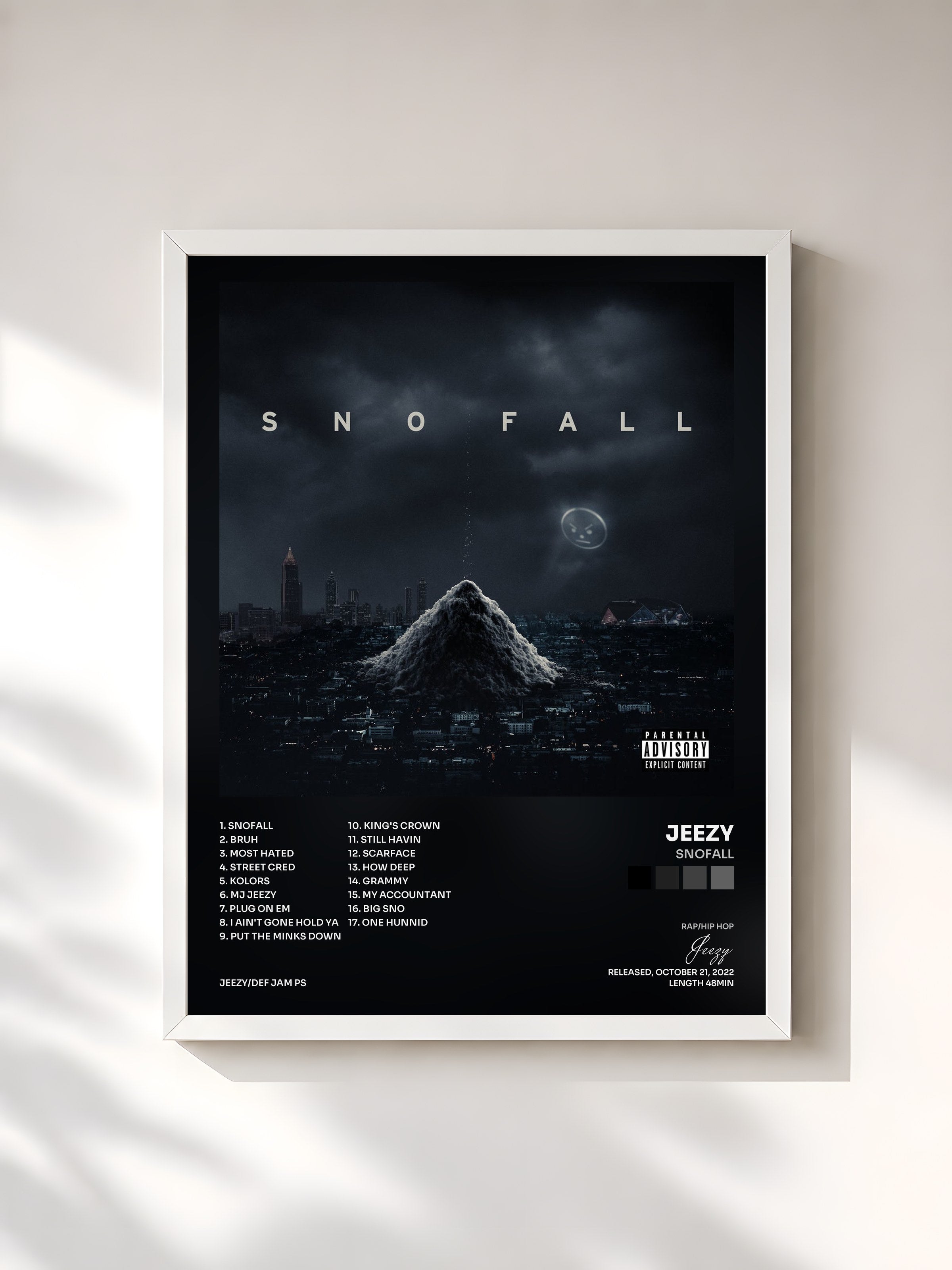 #blanc Tableau de l'album SNOFALL de Jeezy, cadre blanc, imprimé et encadré en France