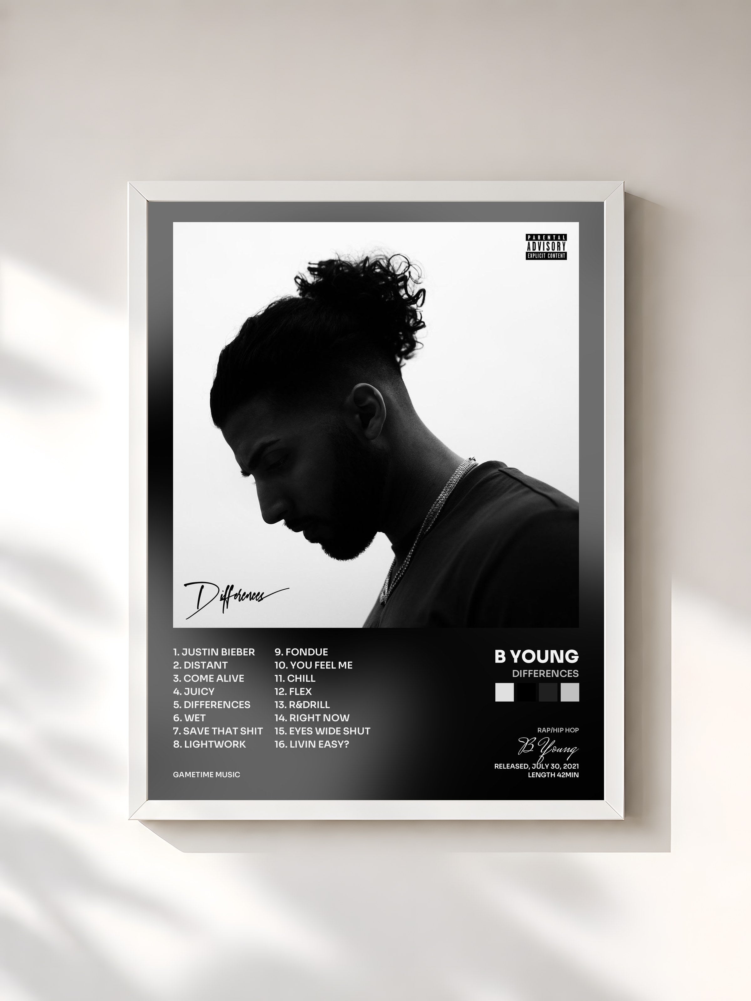 #blanc Tableau de l'album Differences de B Young, cadre blanc, imprimé et encadré en France