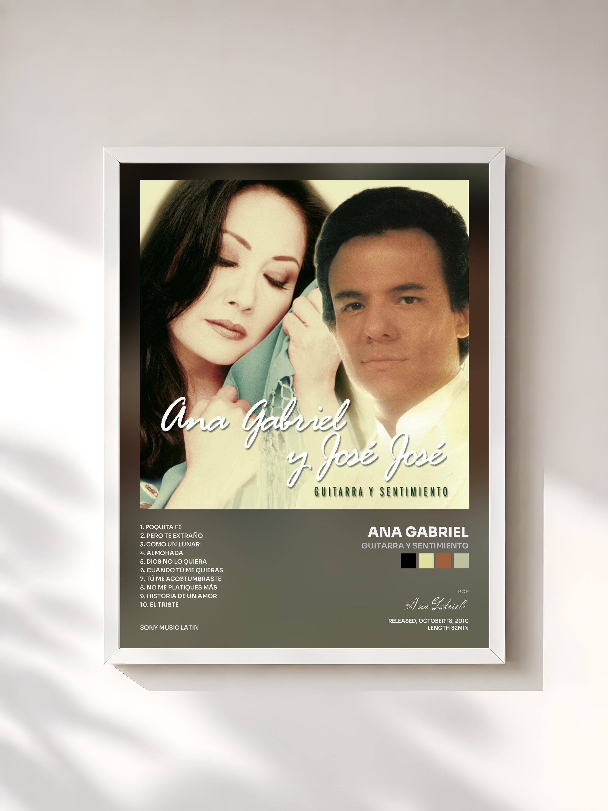 #blanc Tableau de l'album Guitarra y Sentimiento de Ana Gabriel, cadre blanc, imprimé et encadré en France