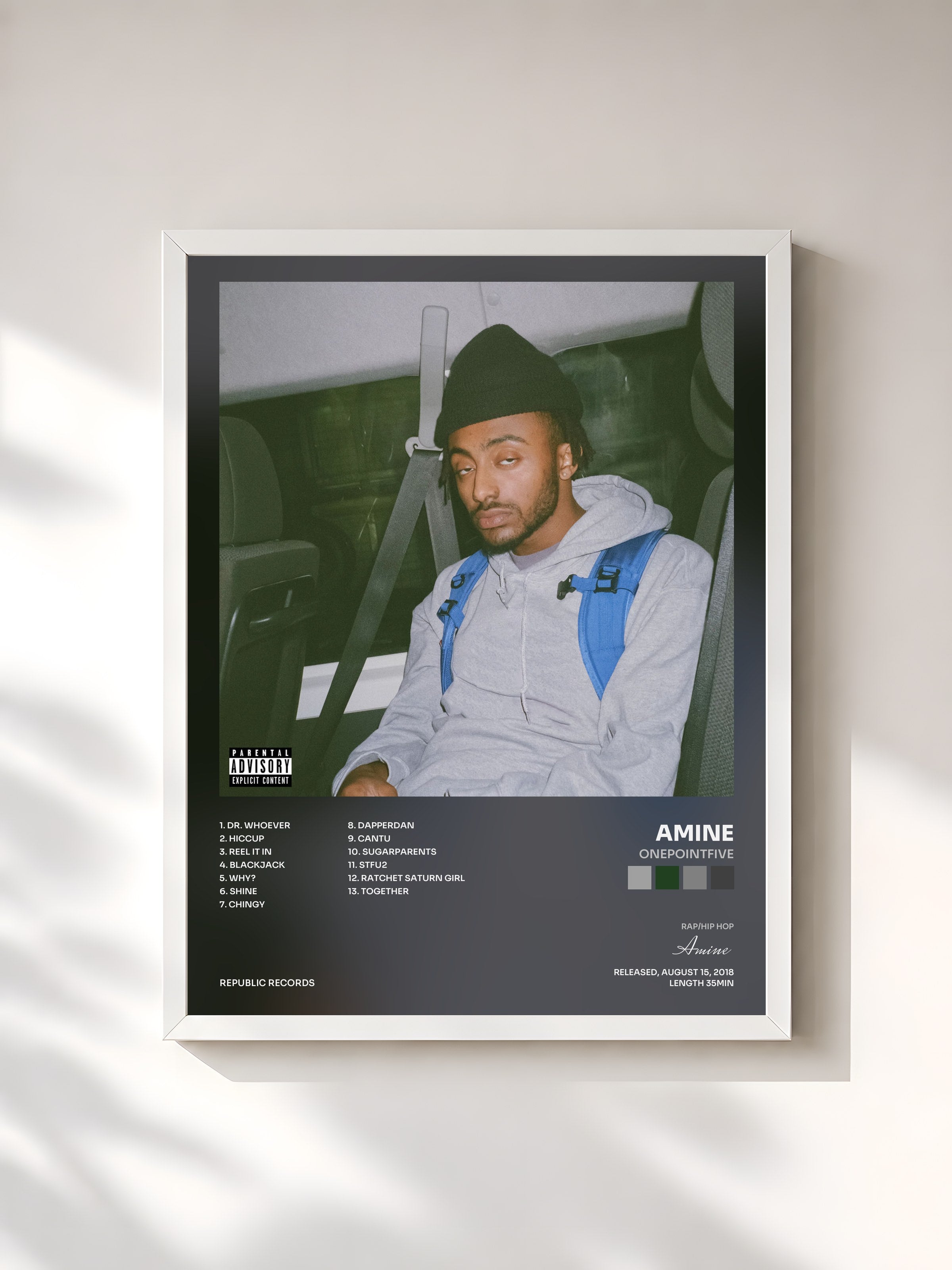 #blanc Tableau de l'album ONEPOINTFIVE de Amine, cadre blanc, imprimé et encadré en France