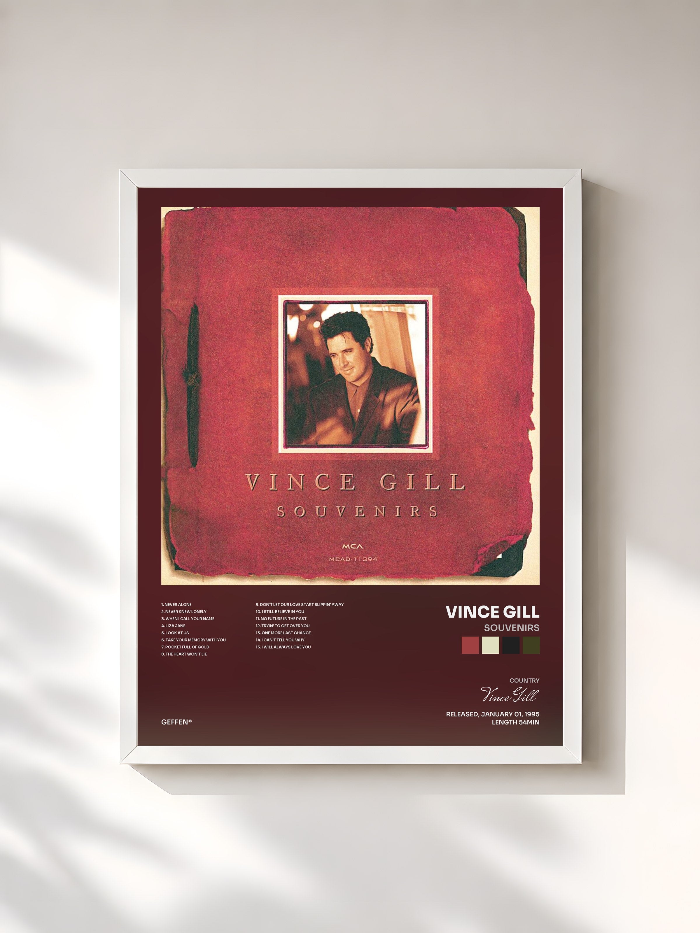 #blanc Tableau de l'album Souvenirs de Vince Gill, cadre blanc, imprimé et encadré en France