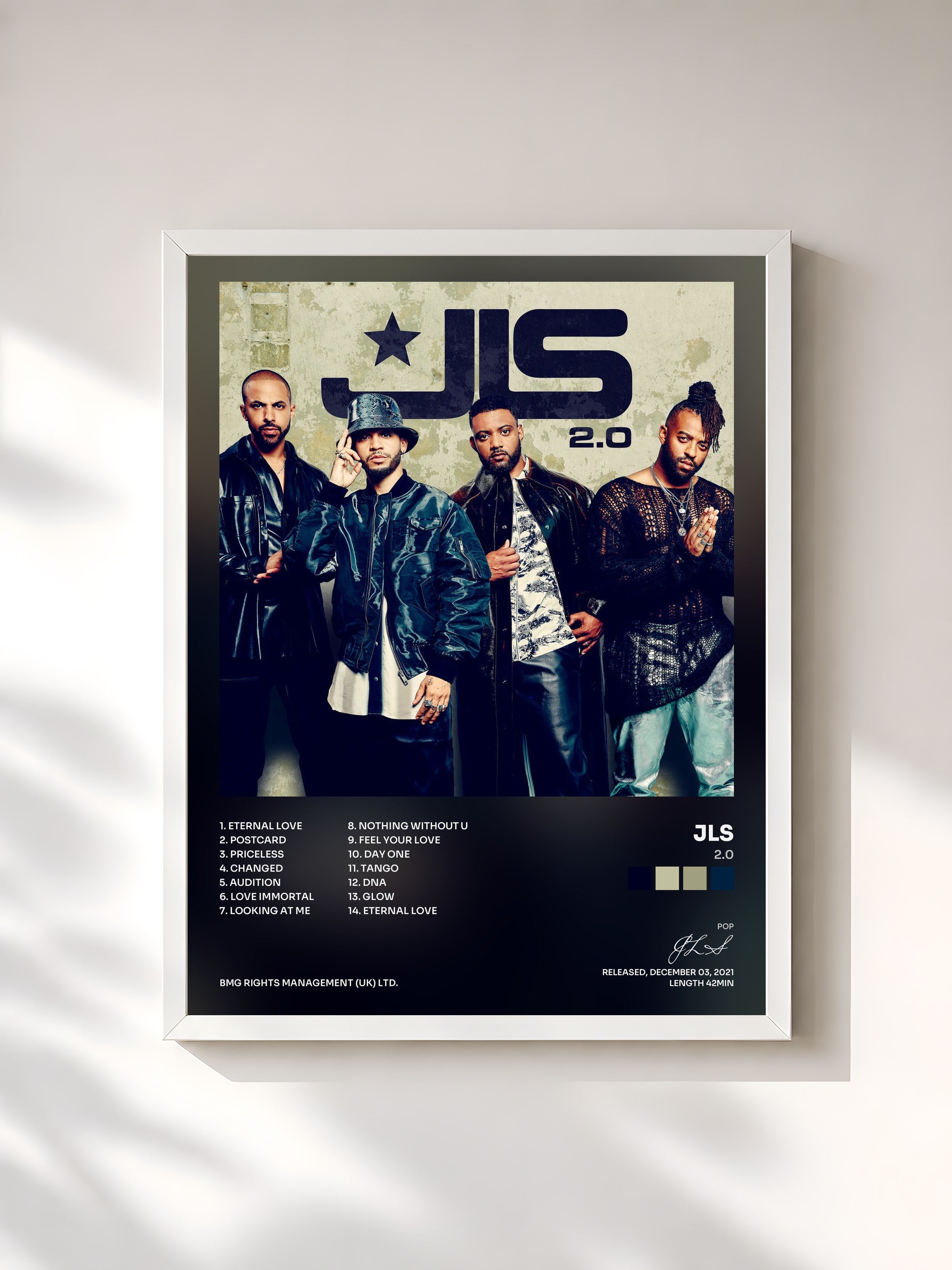 #blanc Tableau de l'album 2.0 de JLS, cadre blanc, imprimé et encadré en France