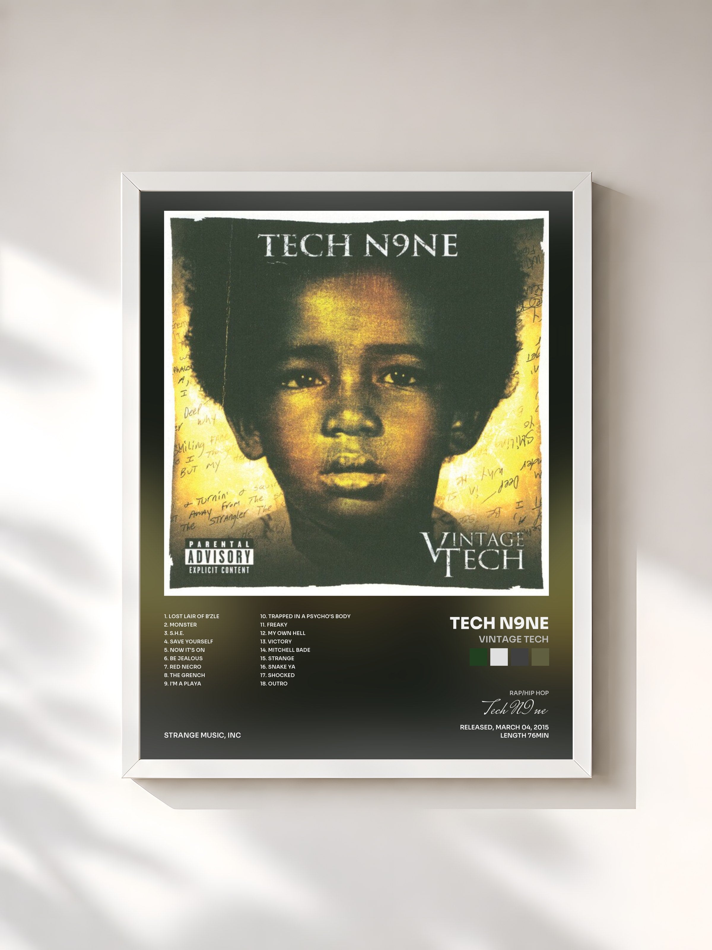 #blanc Tableau de l'album Vintage Tech de Tech N9ne, cadre blanc, imprimé et encadré en France