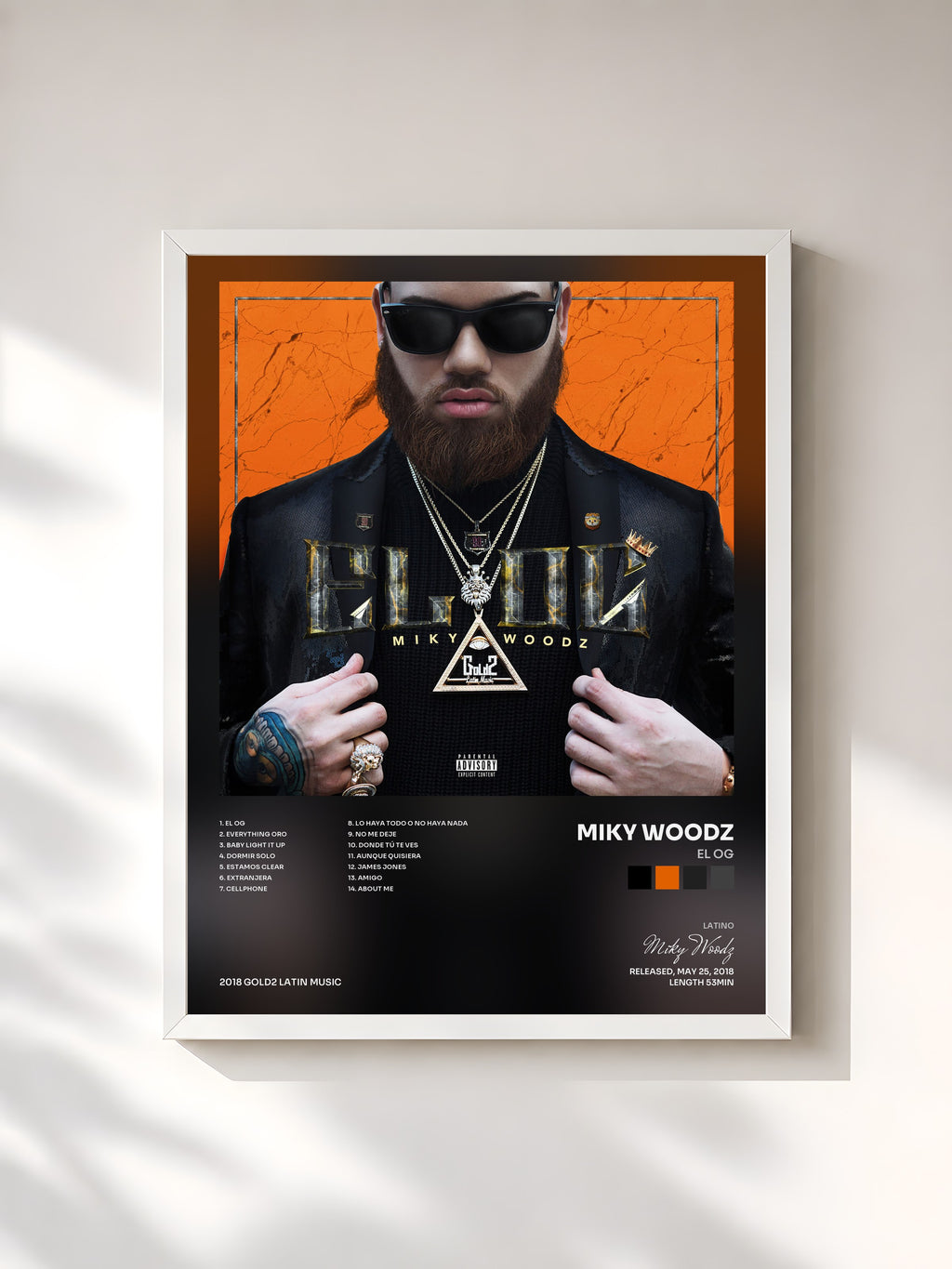 #blanc Tableau de l'album EL OG de Miky Woodz, cadre blanc, imprimé et encadré en France