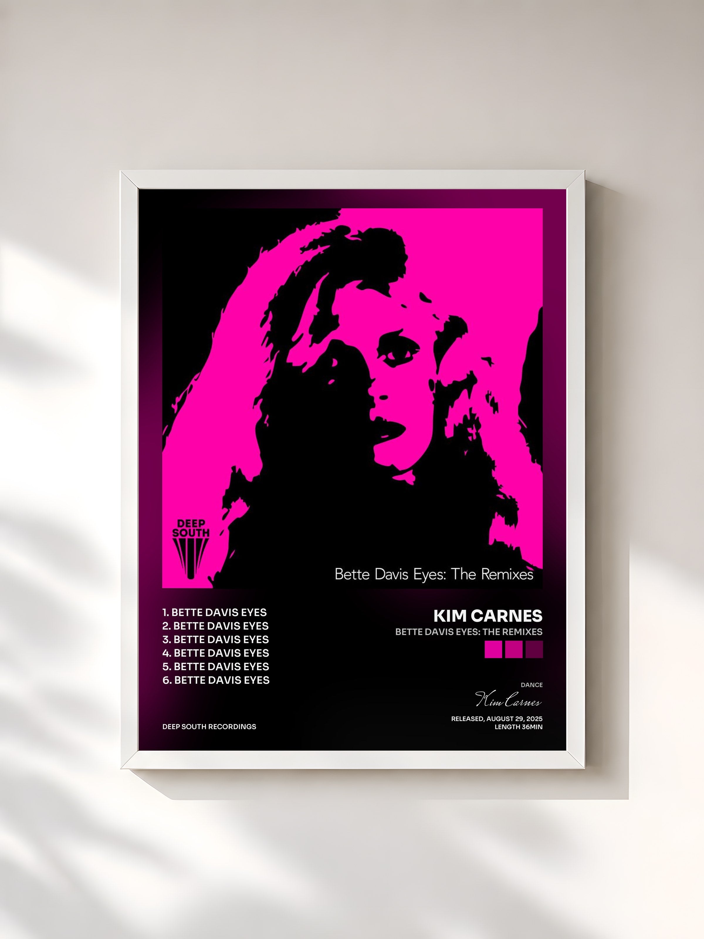 #blanc Tableau de l'album Bette Davis Eyes: The Remixes de Kim Carnes, cadre blanc, imprimé et encadré en France
